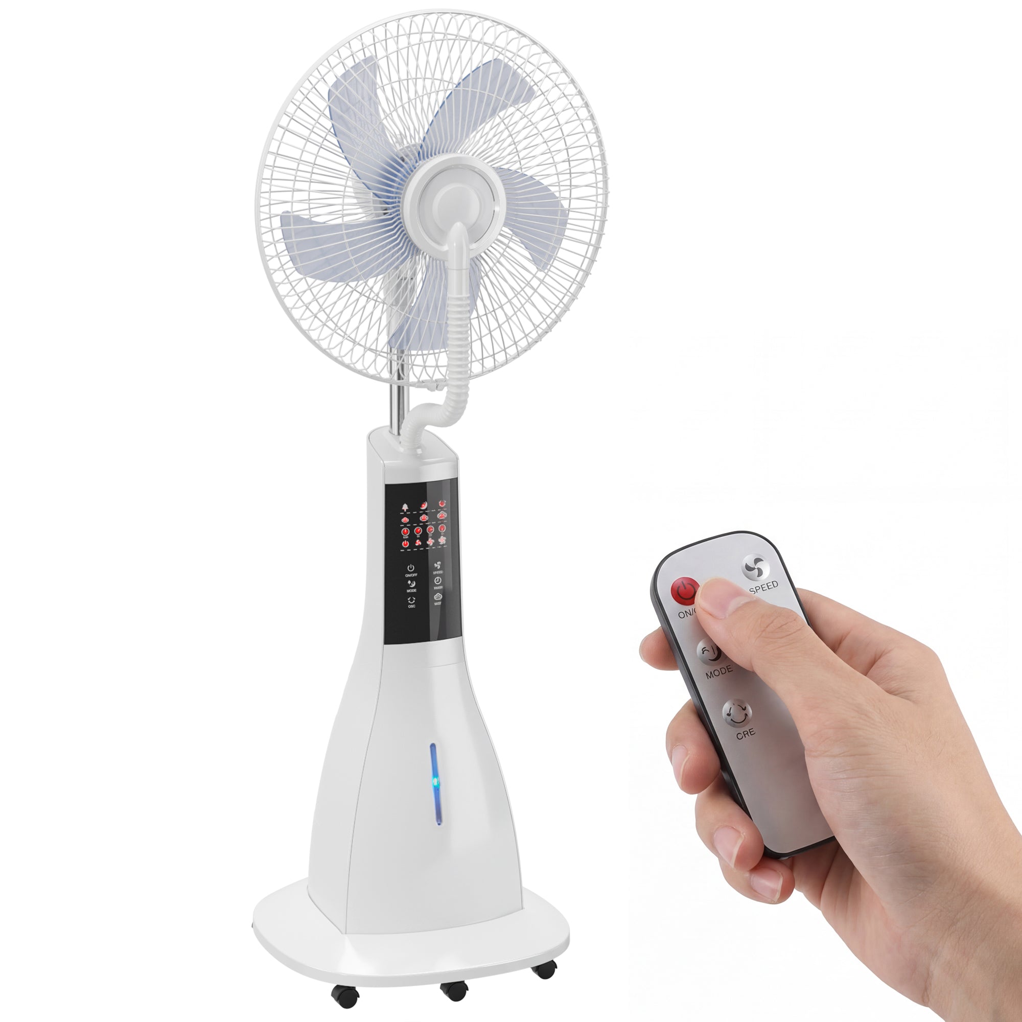 HOMCOM Standventilator mit Zerstäubungsfunktion, 90 W — 75° Oszillation, 3 Geschwindigkeiten, 5 Flügel, 3 Modi, 3 L Wassertank, 7,5‑h Timer, Fernbedienung, 5 Rollen, Weiß