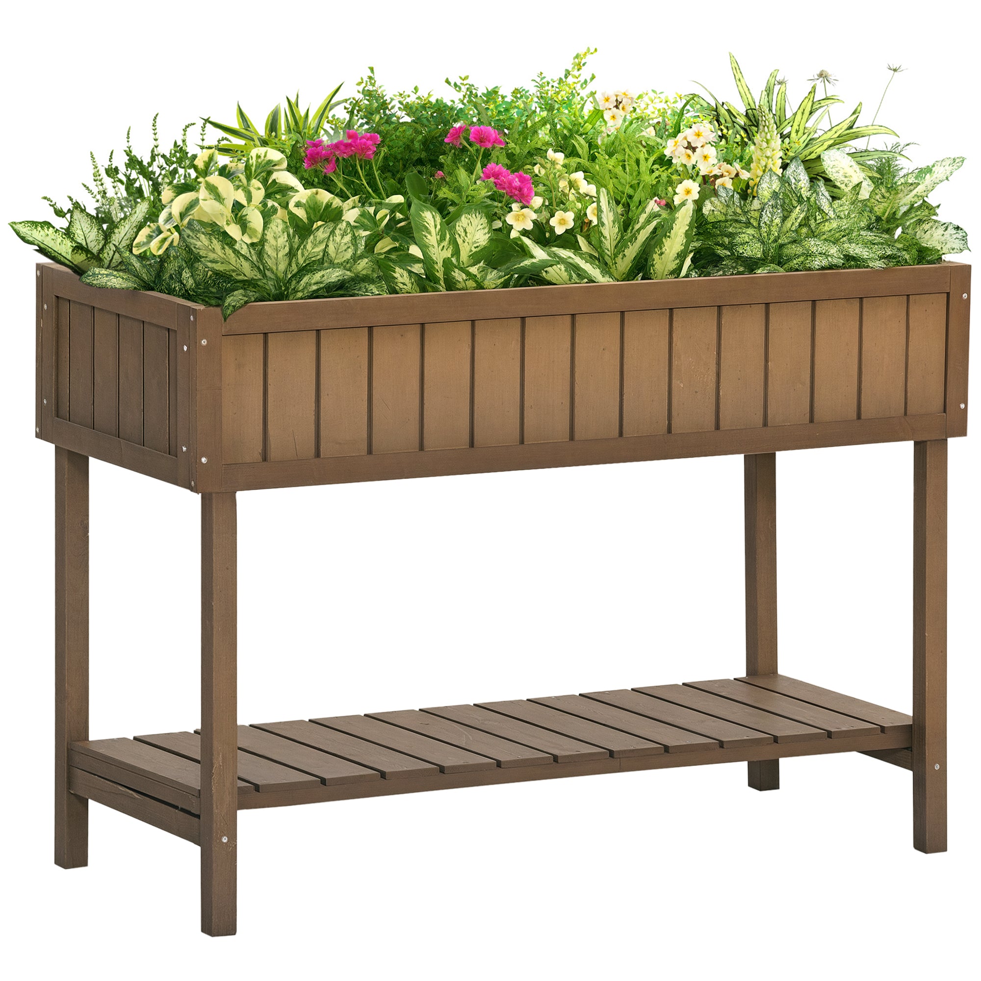Outsunny Fyrretræ Kvadratisk Hævet Plantekasse med Hylde, størrelse 110L x 46B x 76H cm, 8 Rum & Vandingsindsatser