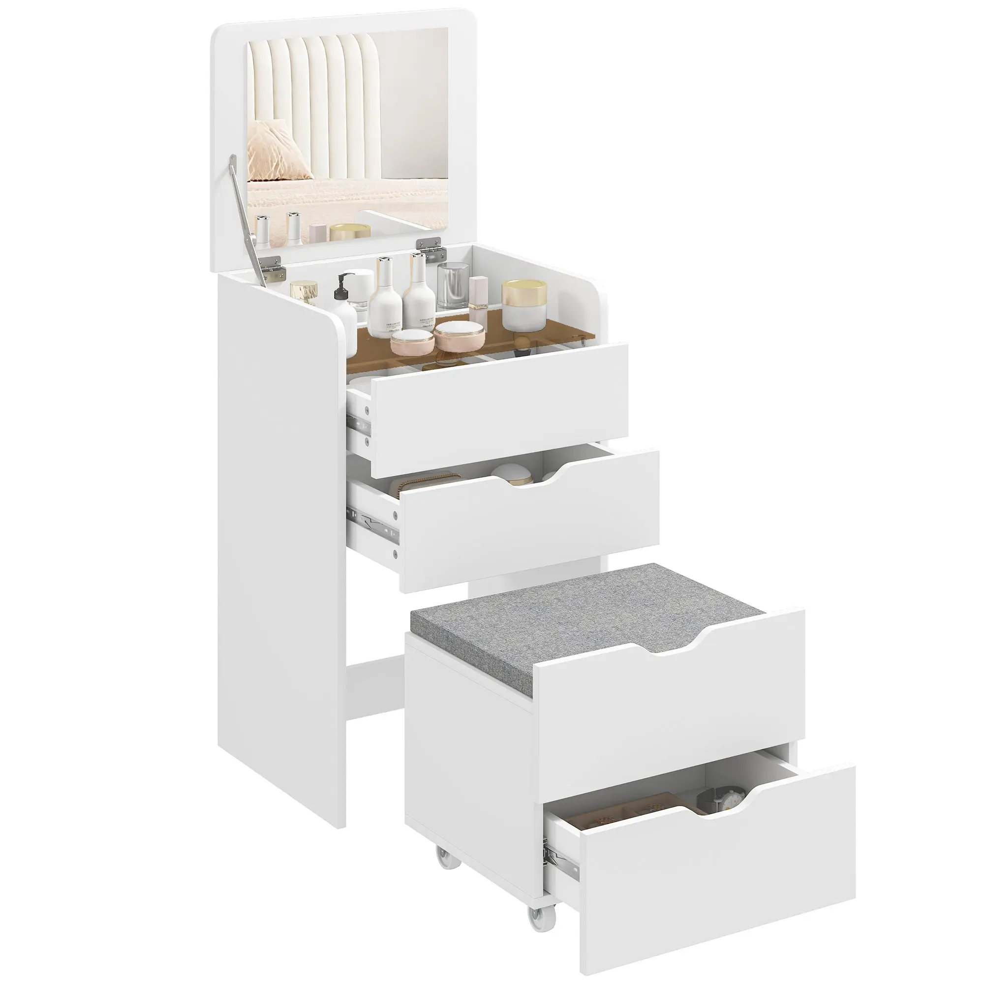 3-in-1 Vanity with Flip Mirror, Retractable Padded Stool with Wheels, 3 Drawers, Visible Glass Top, Space-Saving, White