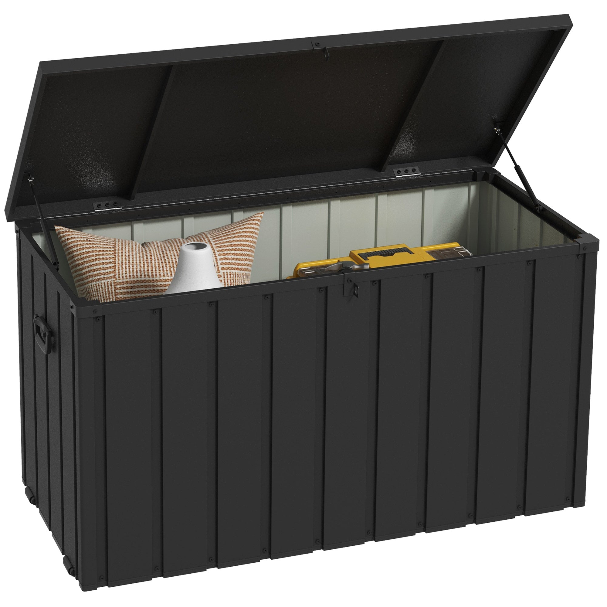 Outsunny Trädgårdsförvaringslåda 450L Kapacitet i Metall med Gastryck, Hjul och Handtag - mått 125,5L x 61,5B x 70H cm