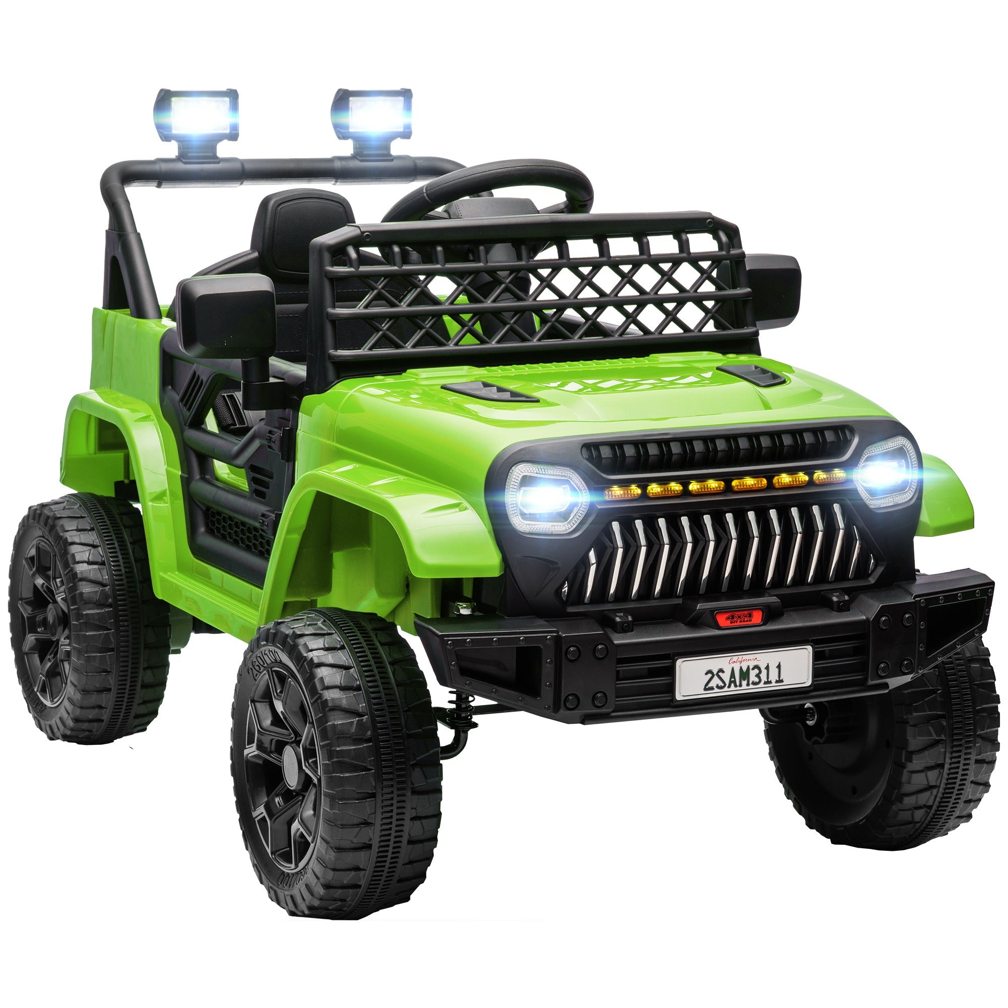 AIYAPLAY Elektroauto fir Kanner 3+ Joer Elektrobatterie 12V Auto mat Fernsteierung, verstellbar Geschwindegkeet, USB, Scheinwerfer, Horn, Gréng