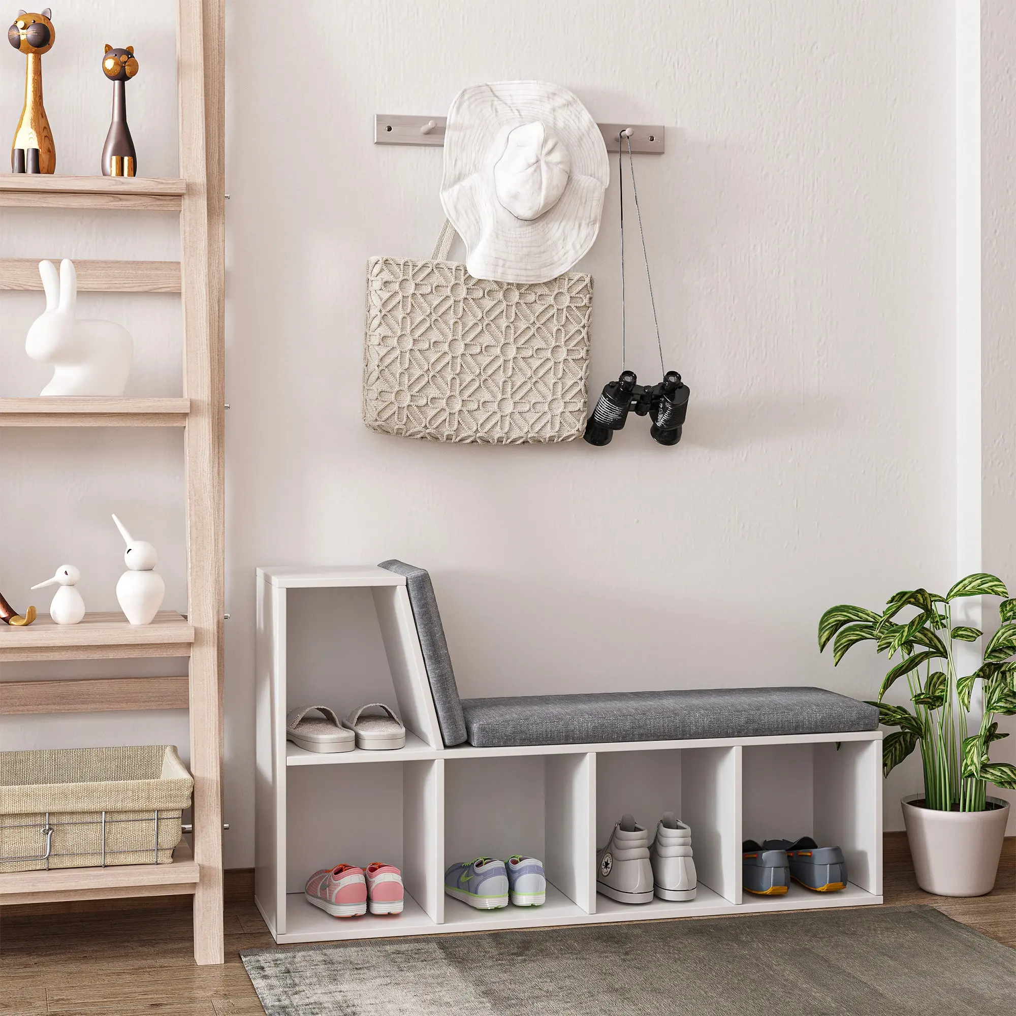 2-in-1 storage bench with 5 compartments and 2 cushions bookshelf storage shelf 108 x 30 x 60 cm white grey