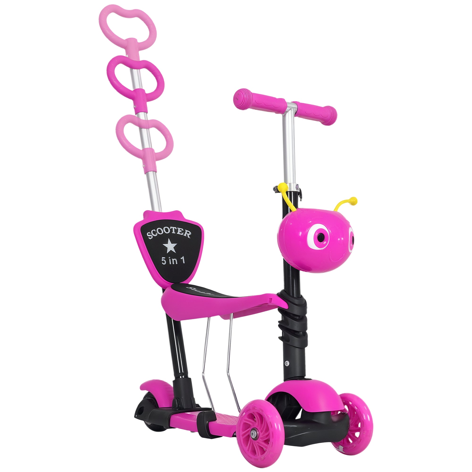 HOMCOM Trottinette 3-en-1 pour Enfants à partir de 18 Mois - Trottinette 3 Roues avec Siège Amovible et Hauteur de Guidon Réglable 62x25x72.5 cm Rose