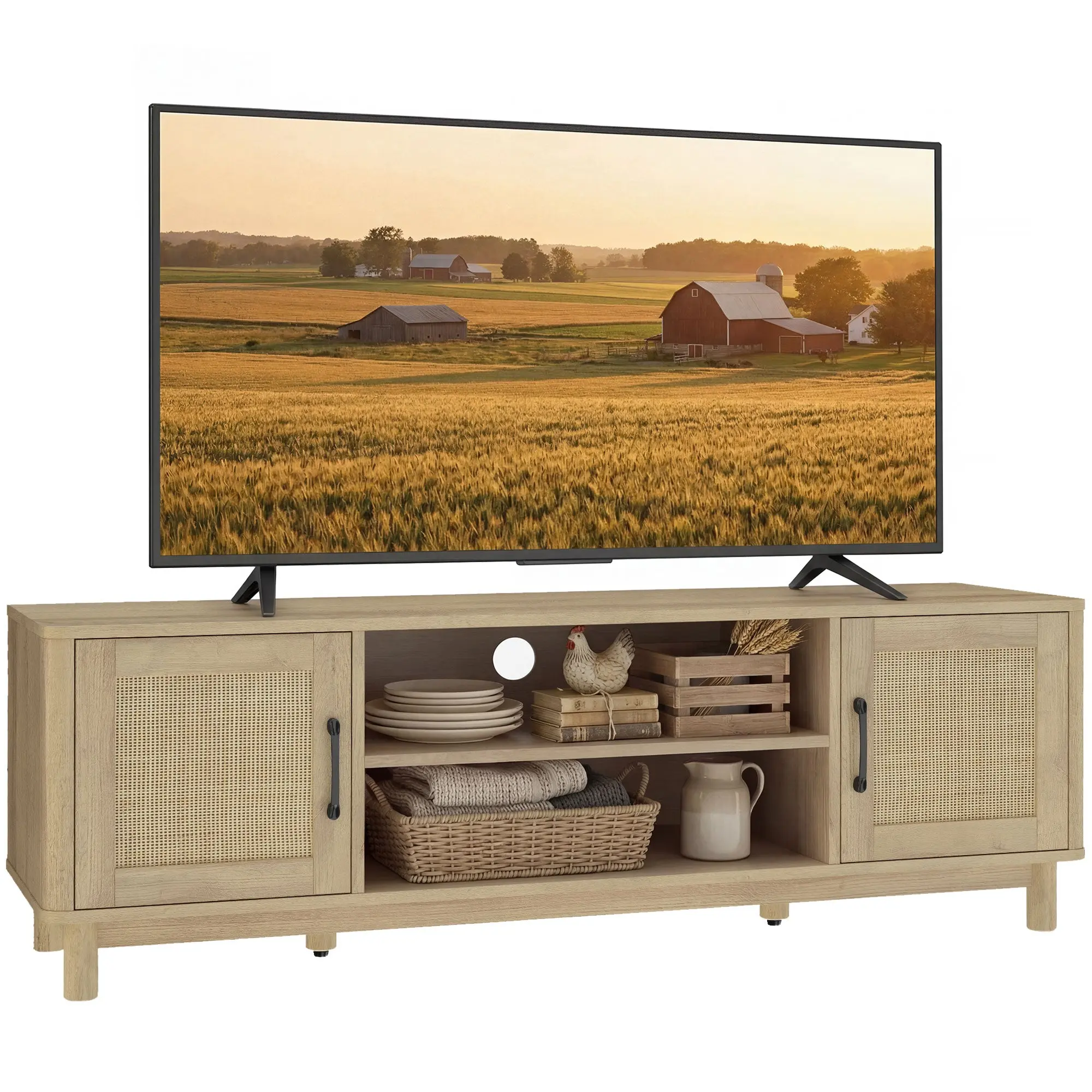 53.1 in Rattan TV Stand for TVs up to 65 inches — 2 Rattan Doors, Open Shelves, Boho Oak