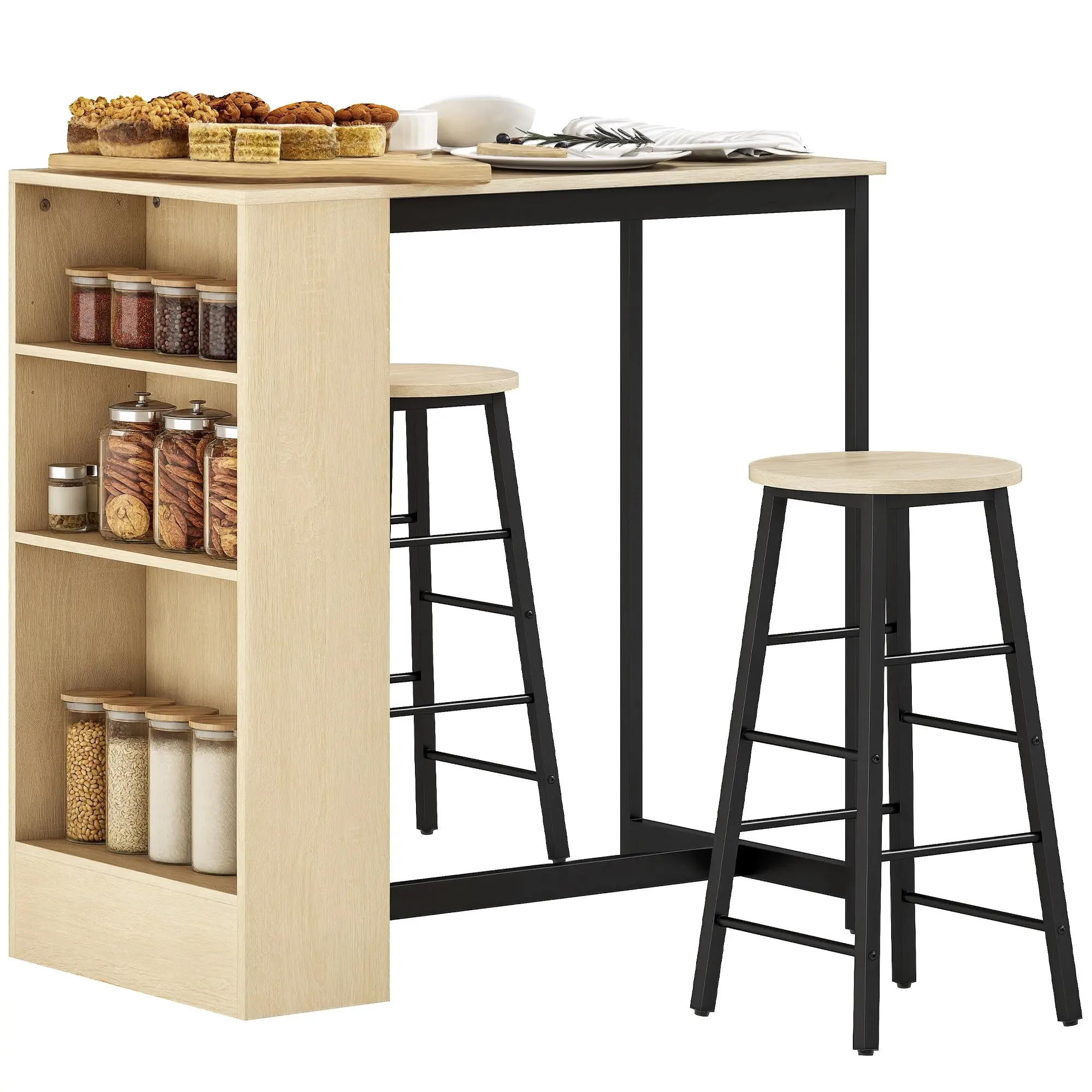 Bar Table Set Bar Table with Bar Stool Set Kitchen Counter with 2 Bar Chairs and Footrest Modern Kitchen Table with 4 Adjustable Shelves for Kitchen, Dining Room, Oak