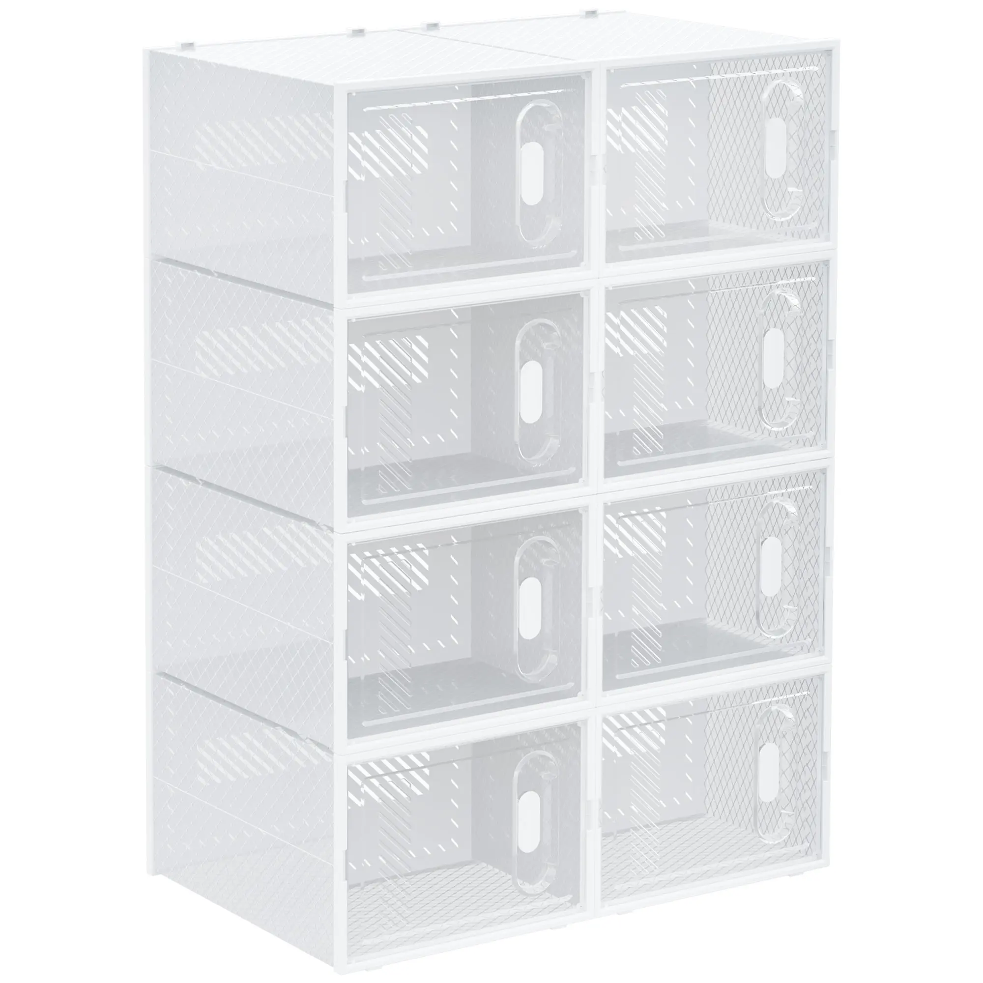 8-Piece Shoe Boxes Set, Shoe Organizer with Magnetic Doors, Shoe Box with Lid, Plastic Shoe Storage for Shoes up to Size 45, Transparent+White