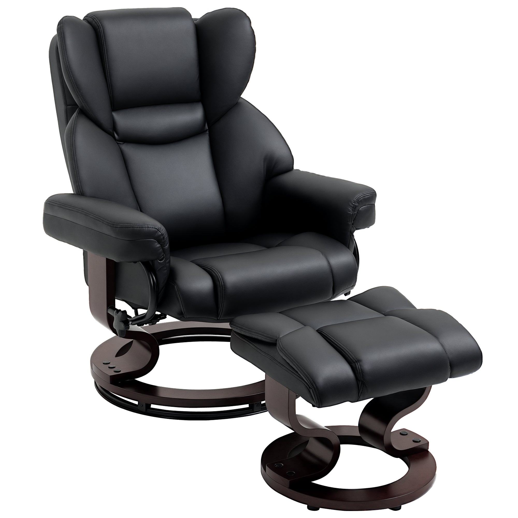 Recliner Chair with Footstool 360° Swivel TV Chair Faux Leather Reclining Armchair with Bentwood Base for Living Room Bedroom Black