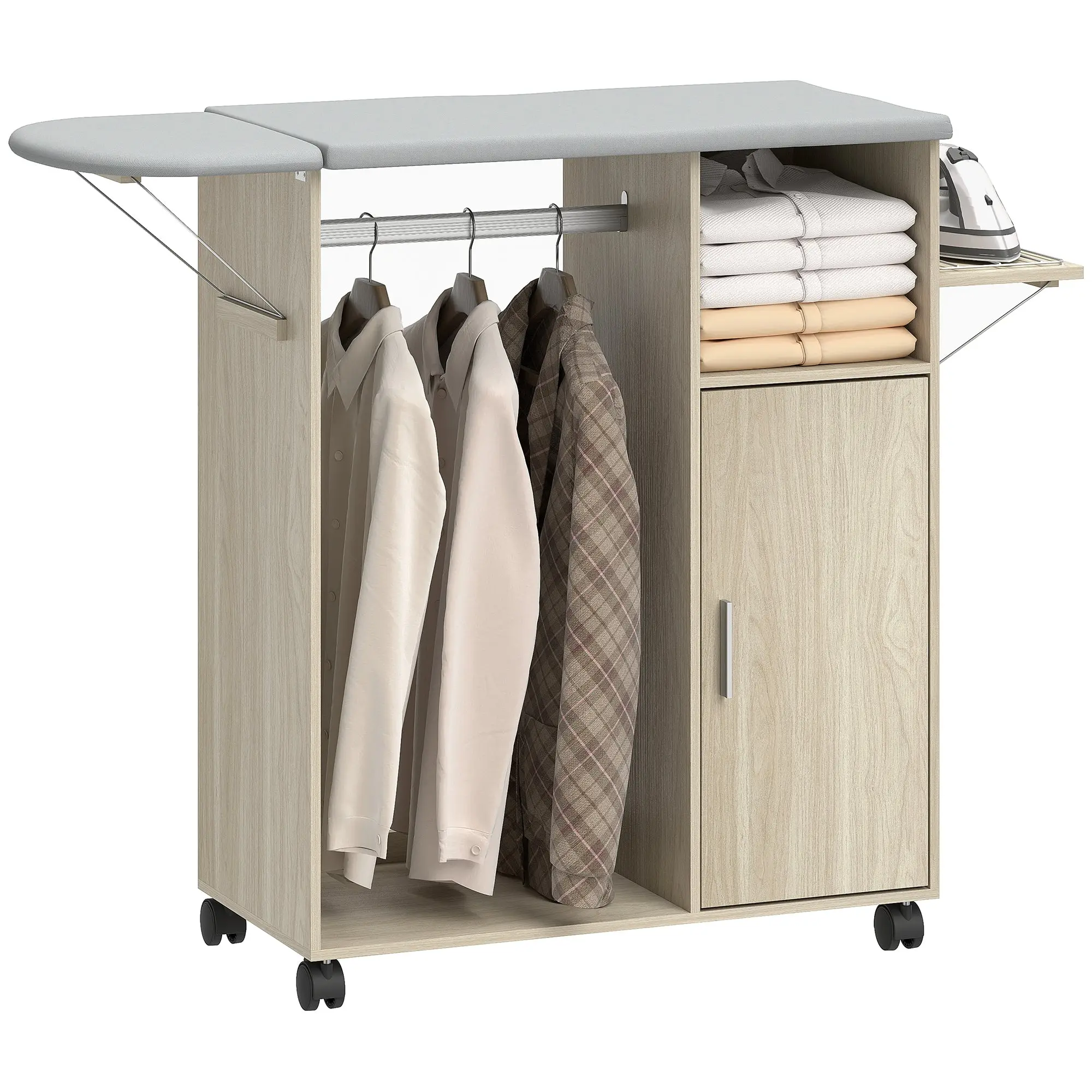 Folding Ironing Station Cabinet with Locking Wheels & Iron Holder — Multifunction Laundry Organizer with Hanging Rod, Adjustable Shelves, 127 x 42.5 x 99 cm (50 x 16.7 x 39 in), Wood Finish