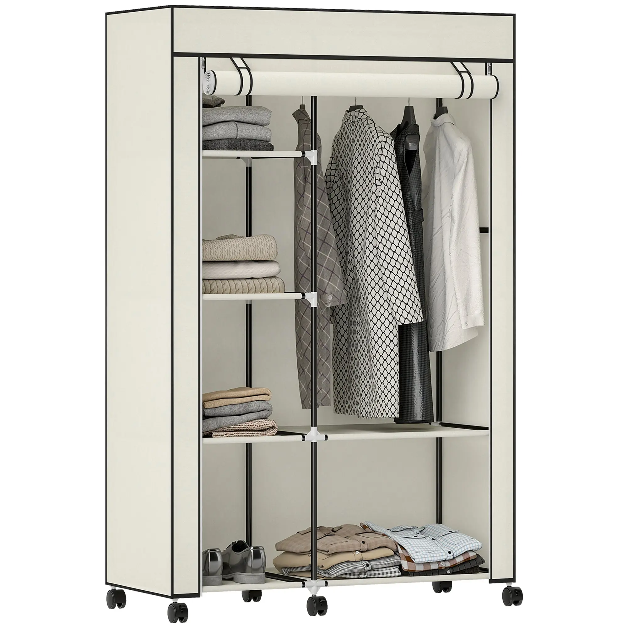 Fabric Wardrobe Organizer with Hanging Rail & Open Shelves, 40.6 x 16.9 x 64.0 in (103 x 43 x 162.5 cm) — Cream