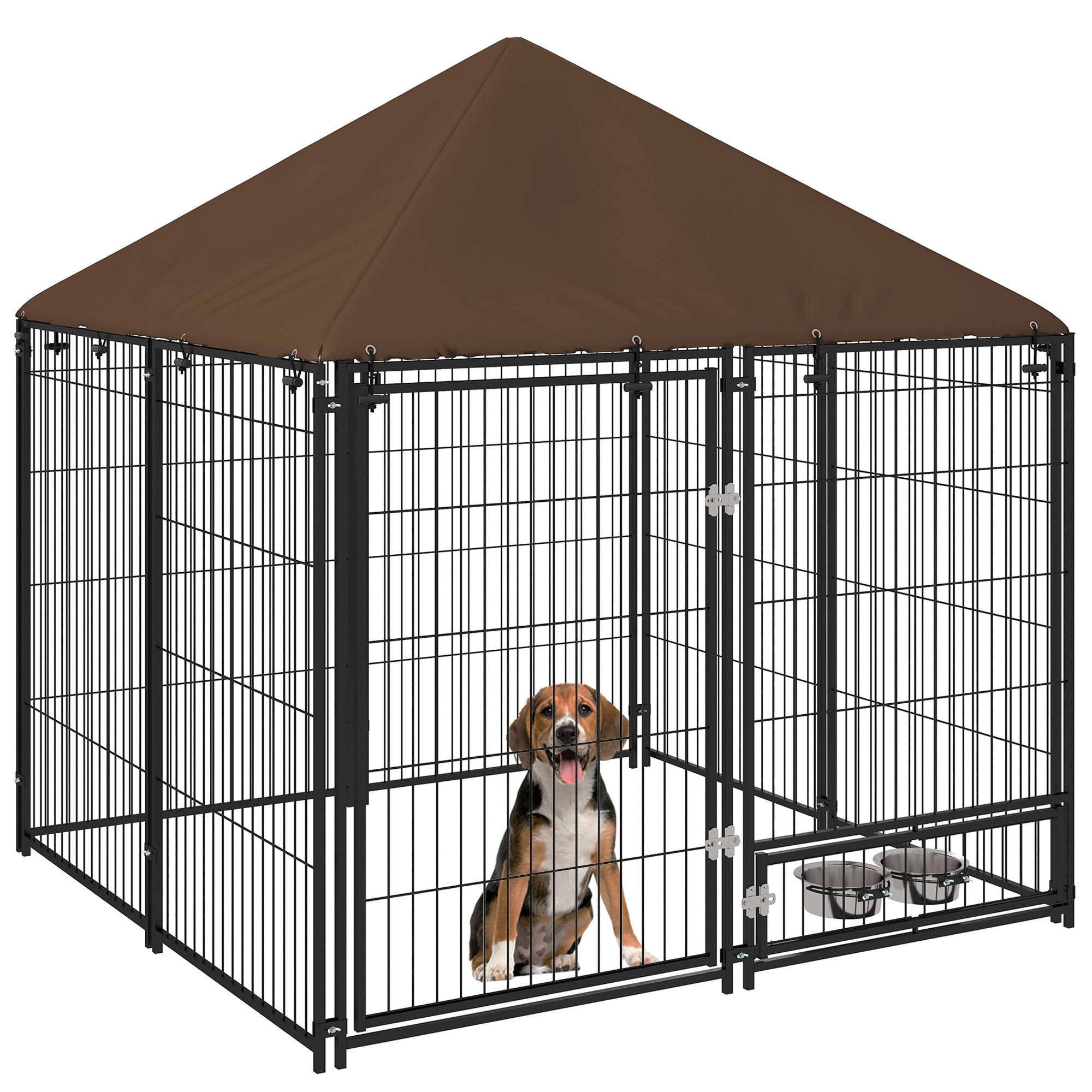 PawHut Metall Außenspielzelt für Hunde mit Markise, Schwenkernährungsstation, 2 Schalen für Terrasse Garten 141x141x151 cm Braun