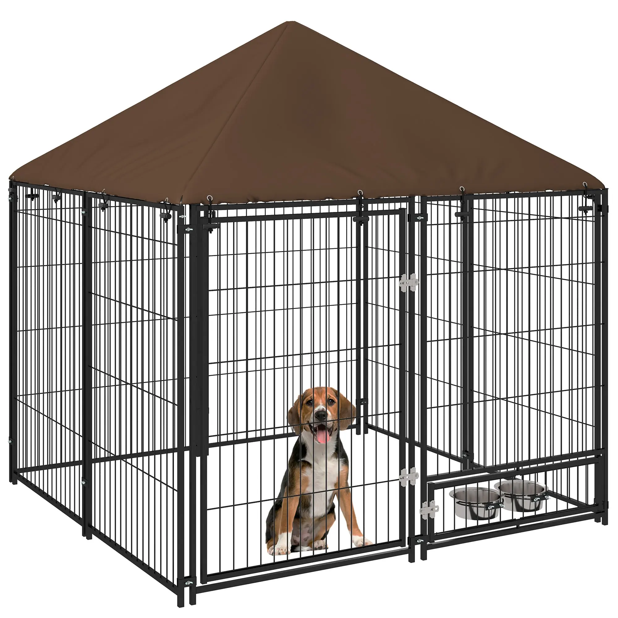 Metal Outdoor Dog Playpen with Canopy, Swivel Feeder, 2 Bowls for Patio Yard Garden Terrace 141x141x151 cm Brown