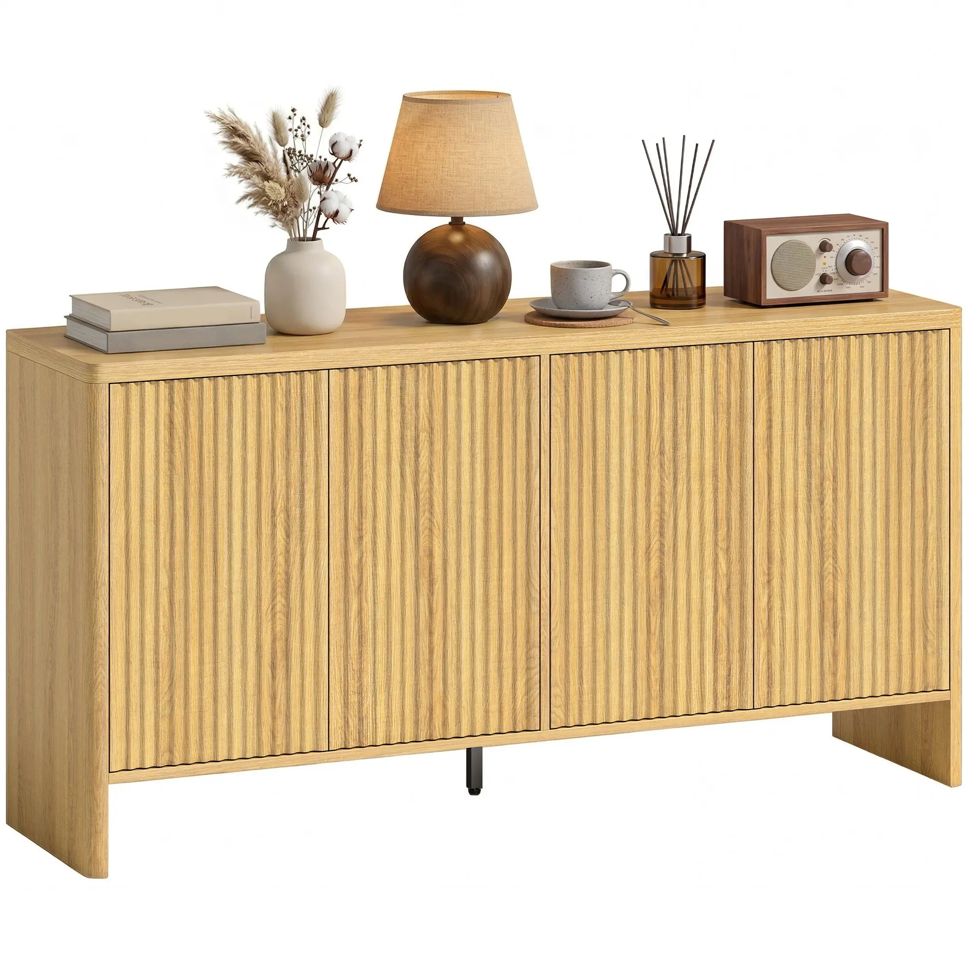 Sideboard — Storage Cabinet with 4 Grooved Doors, Adjustable Shelves, Push-to-Open, Rounded Corners, Modern Style — 147 x 40 x 77 cm (57.9 x 15.7 x 30.3 in) — Oak