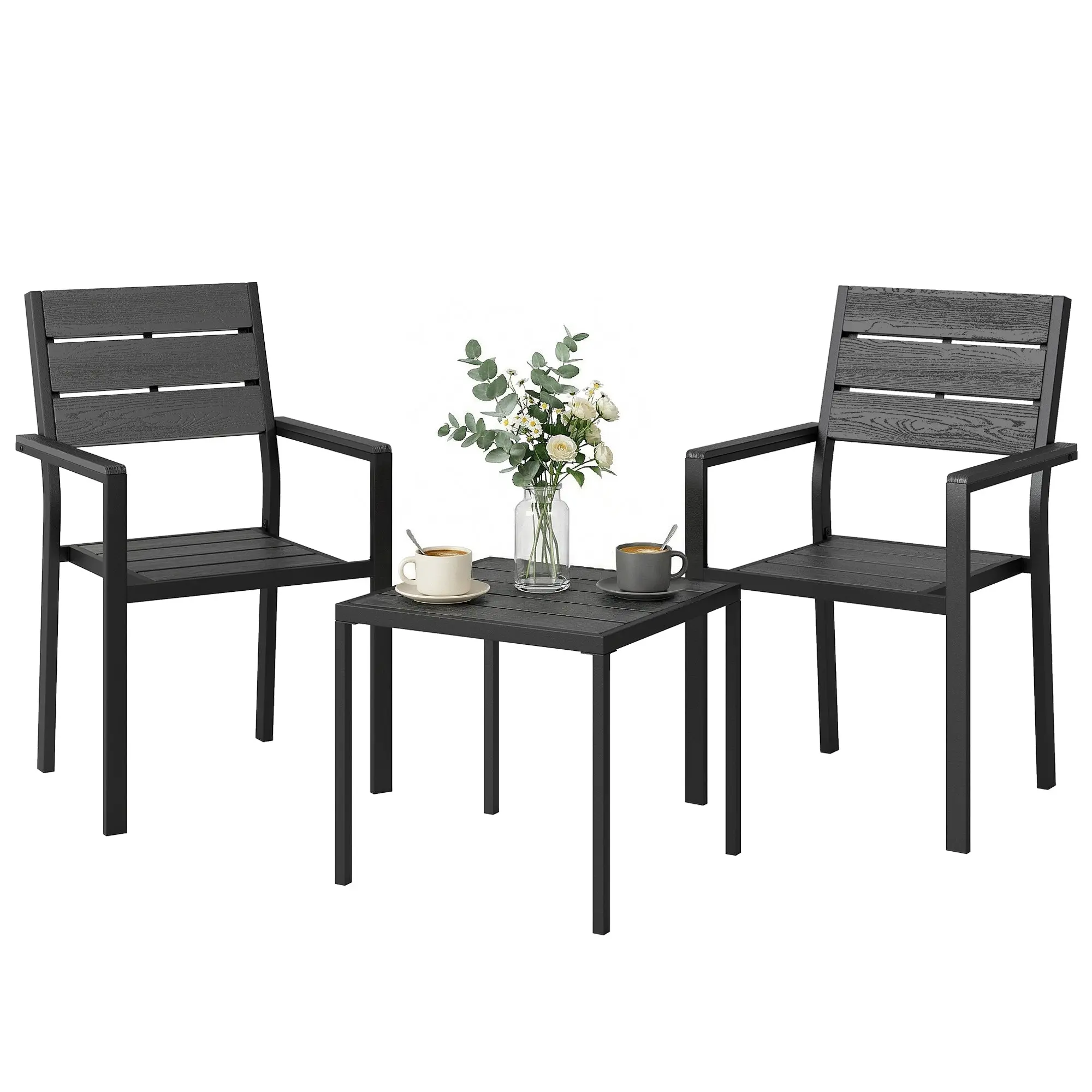 3-Piece Outdoor Bistro Set — Slatted Wood-Look HDPE Tabletop with 2 Chairs, Rust-Resistant Metal Frame (Balcony/Patio)