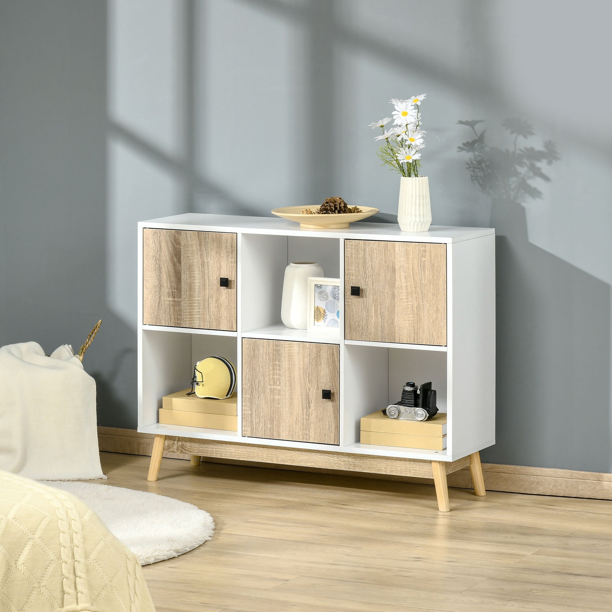 HOMCOM 6 Kockás Büfé Tároló Polc Egység nappaliba, étkezőbe vagy hálószobába 96L x 30W x 75H cm fehér és tölgy