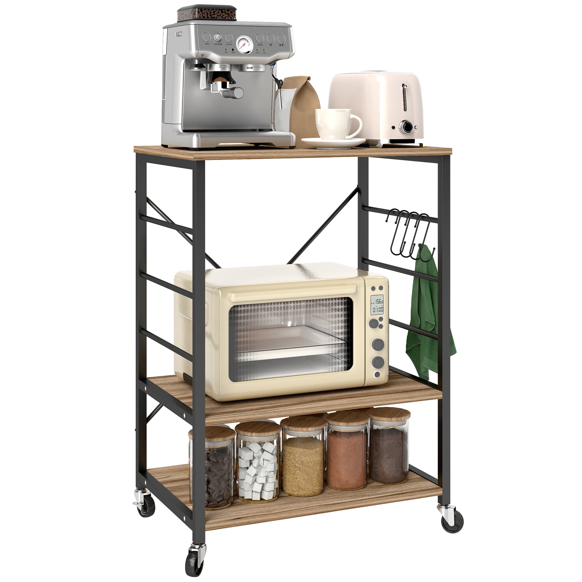 HOMCOM 3-stufiges Küchensystem im Industrie-Stil, Mikrowellen- und Servierwagen mit Rädern und 4 Haken, Stahlstruktur, für Wohnzimmer und Lounge, 60x40x84 cm, Teak