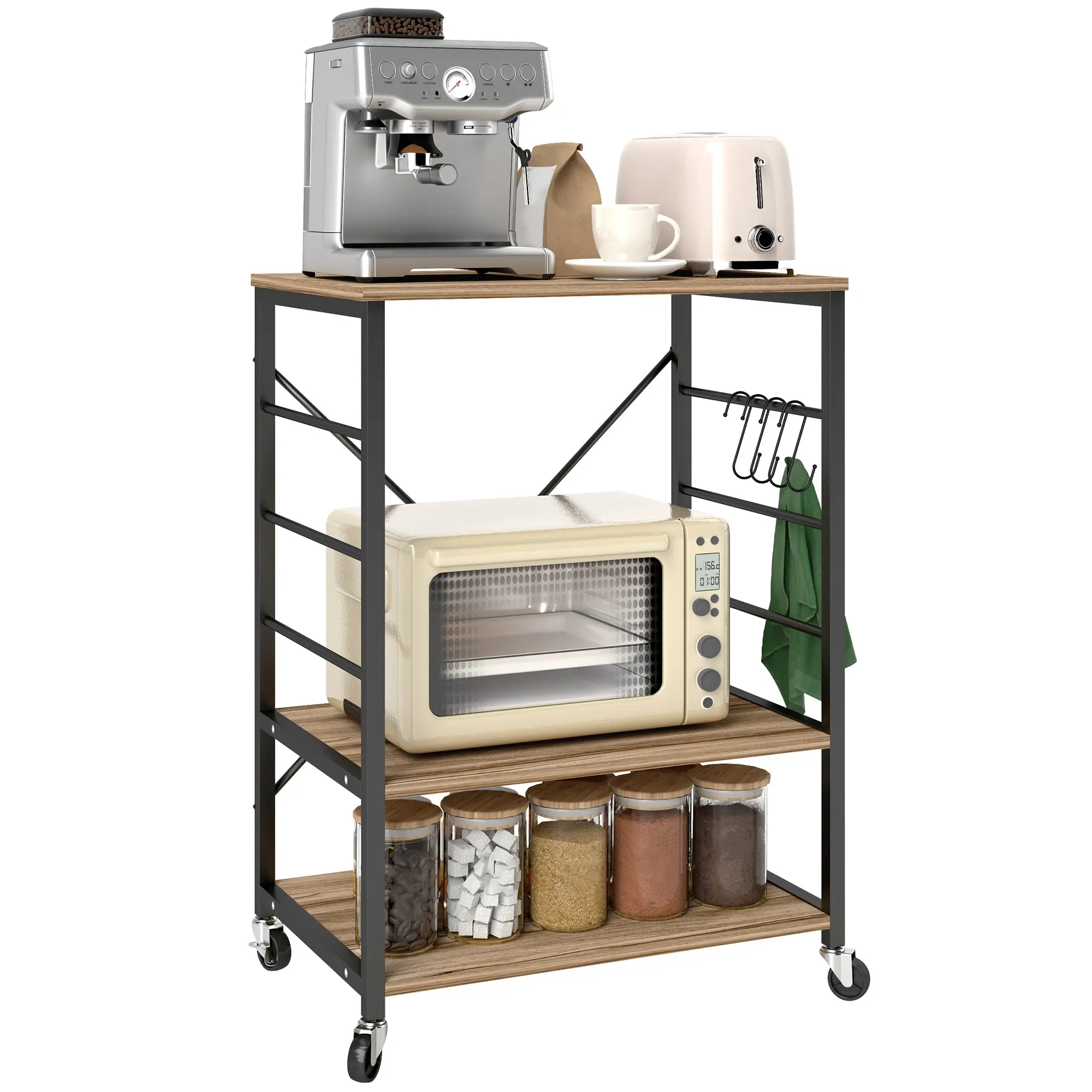 3-Level Industrial Style Kitchen Shelf, Microwave and Serving Trolley with Wheels and 4 Hooks, Steel Structure, for Living Room and Lounge, 60x40x84 cm, Teak