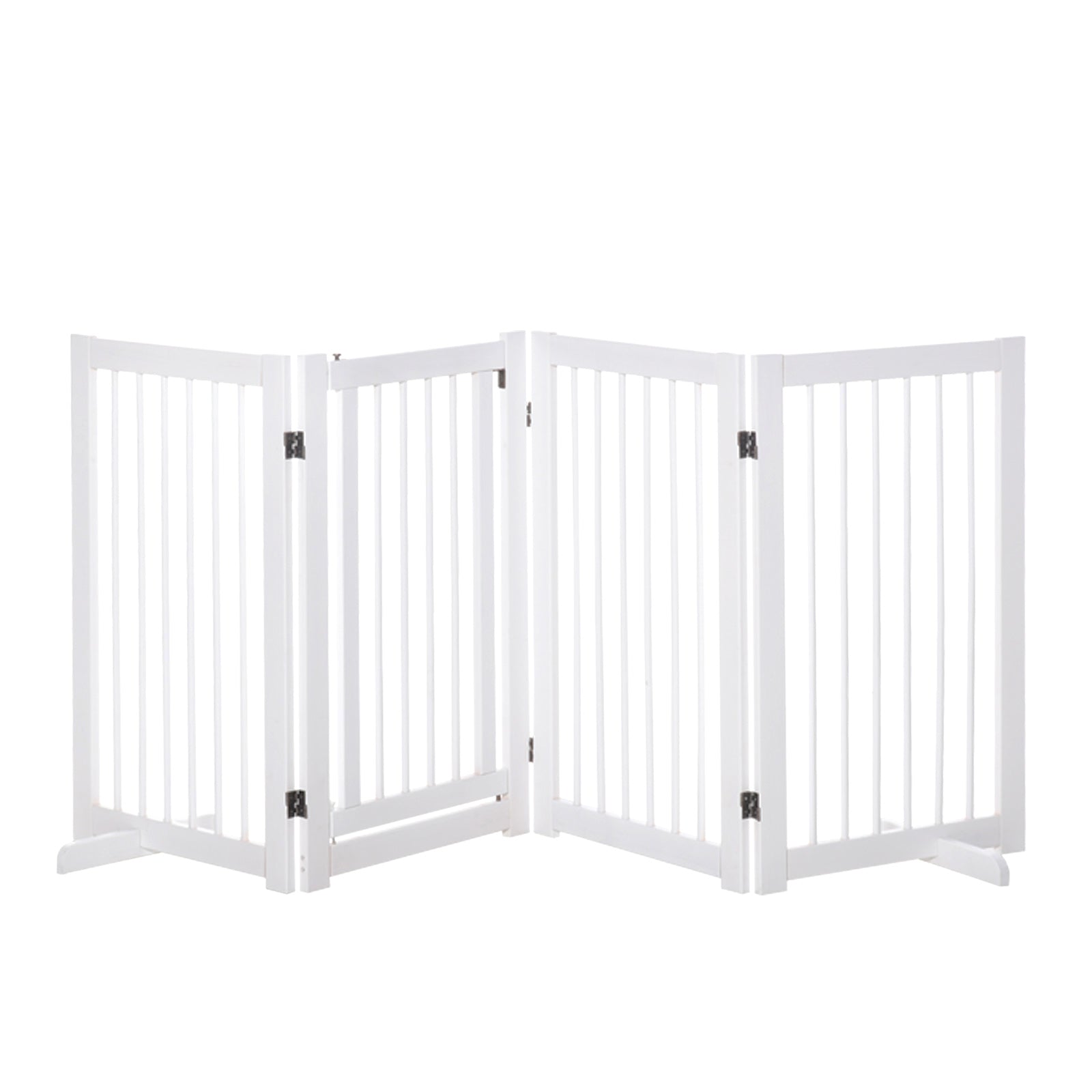 PawHut Voľne stojaca psia zábrana s nohami 220 x 91 cm Drevená zábrana pre domáce zvieratá Bezpečnostná zábrana pre schody, dvere, kuchyňu, chodbu, 4 panely, biela