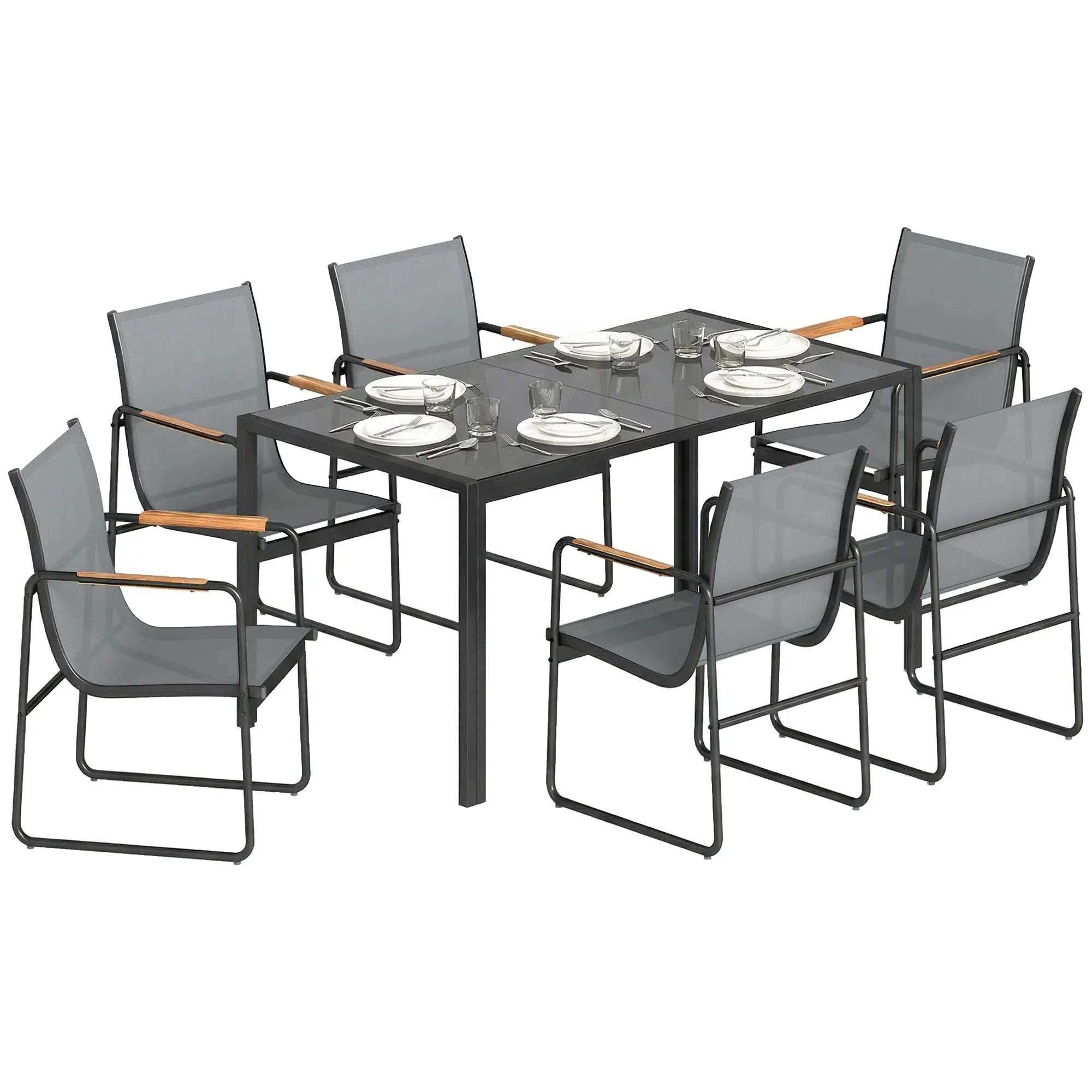7-Piece Outdoor Dining Set — Tempered Glass Table & 6 Breathable Mesh Chairs, Weather-Resistant Steel Frame, Gray