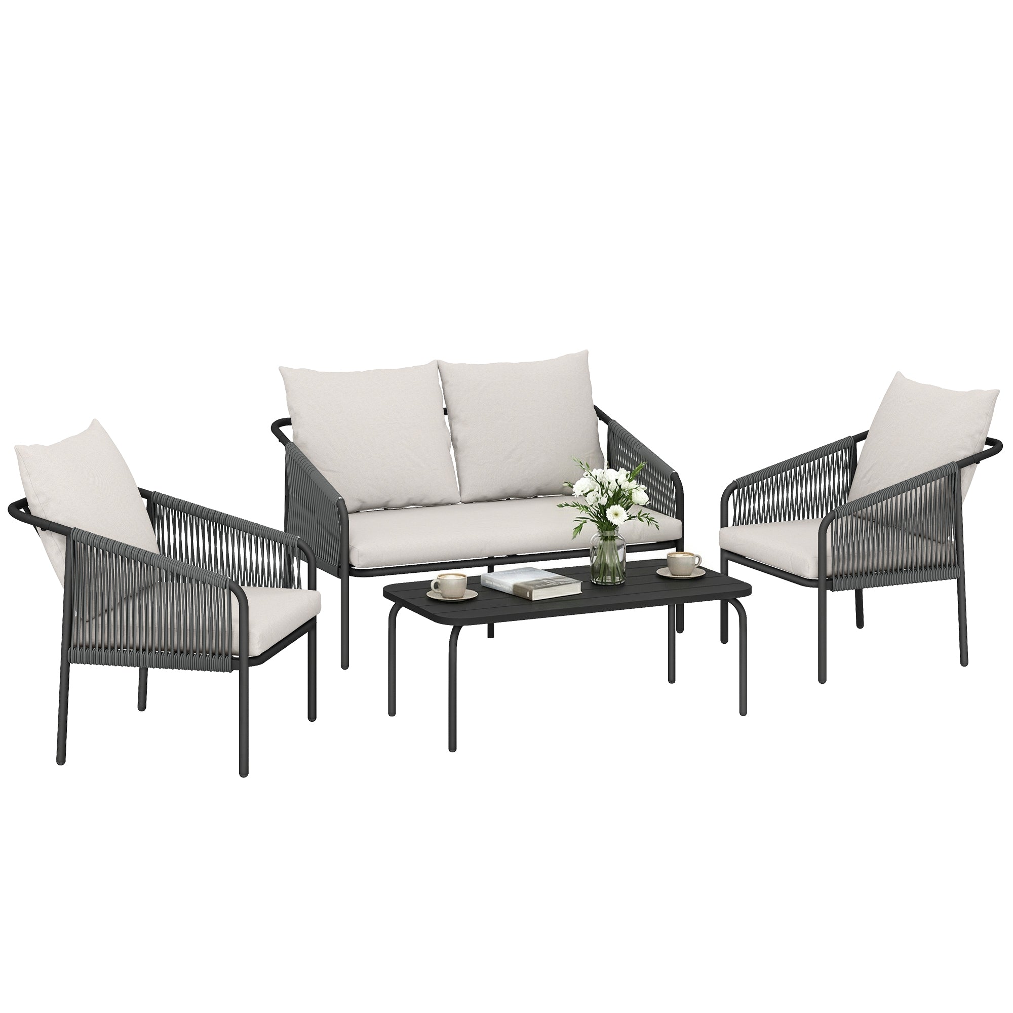 Outsunny 4 dalių poliratano lauko poilsio komplektas – dvivietė sofa, 2 foteliai ir žurnalinis staliukas, nuimami užvalkalai, plieno rėmas – chaki