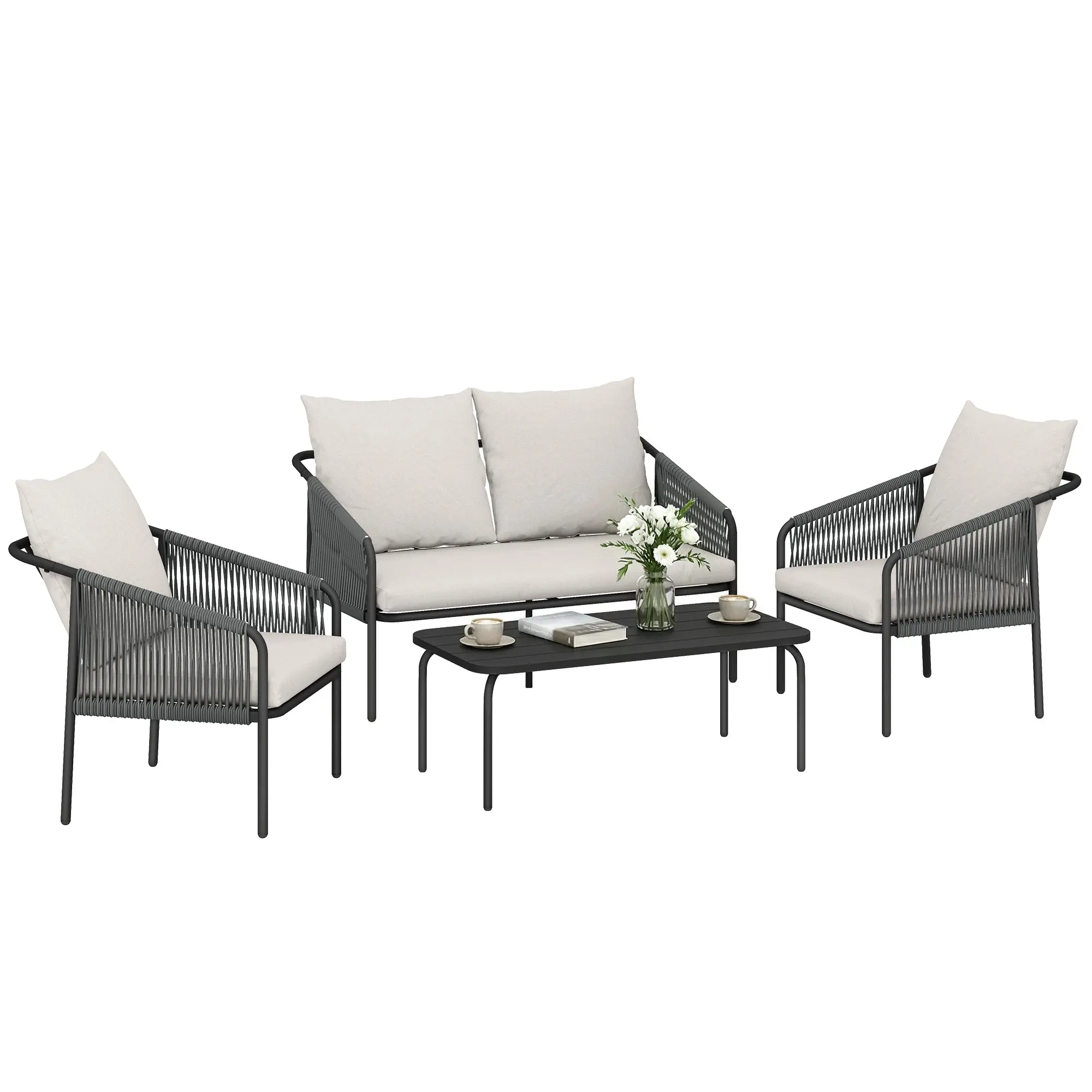 4 Piece Rattan Garden Furniture Set Outdoor Patio Conversation Set with Loveseat, Armchairs & Coffee Table, PE Wicker Lounge Set with Cushions Khaki