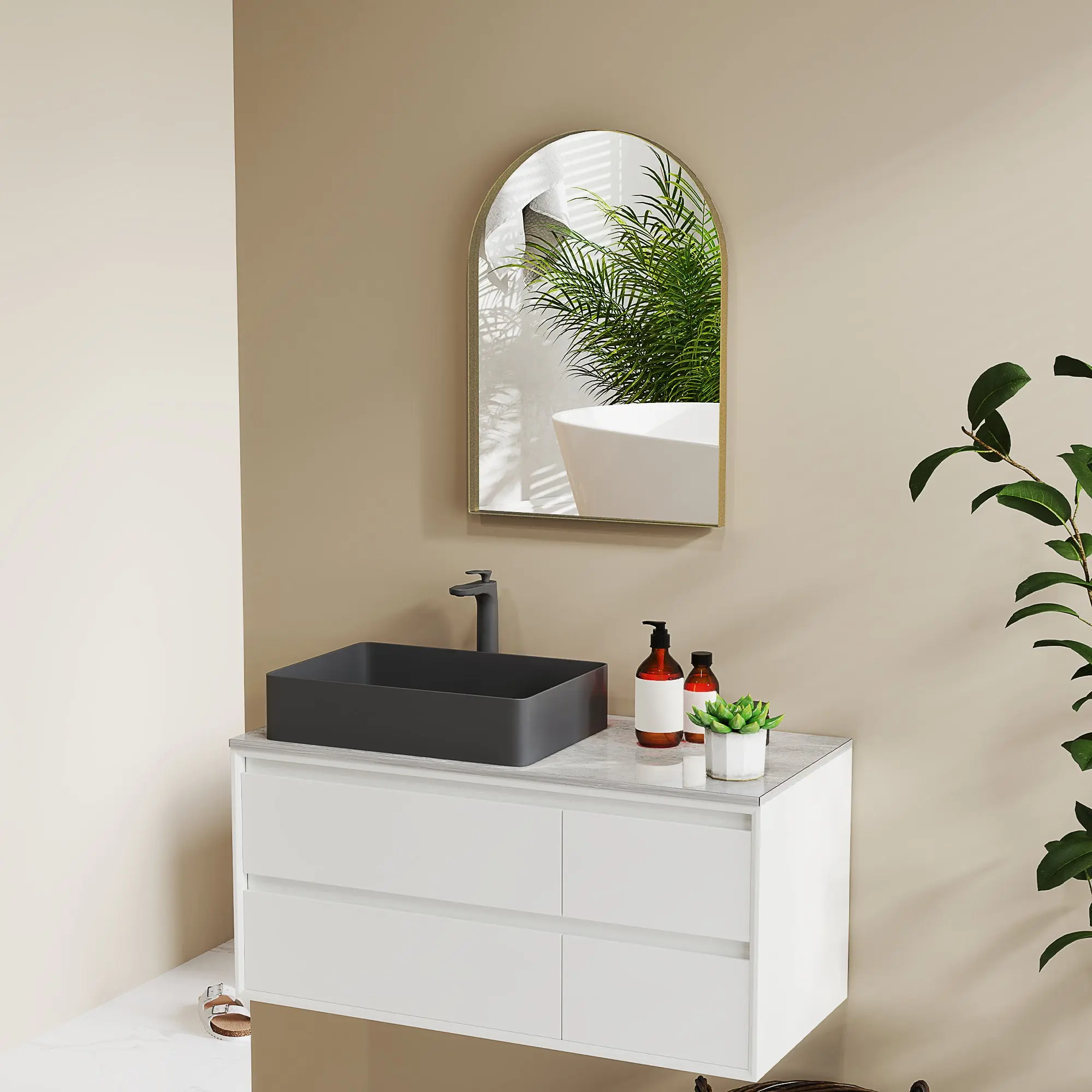 Arched Wall Mirror, Bathroom Mirror, 50 x 70 cm, high definition, with aluminum alloy frame, for bedroom, living room, entryway, gold