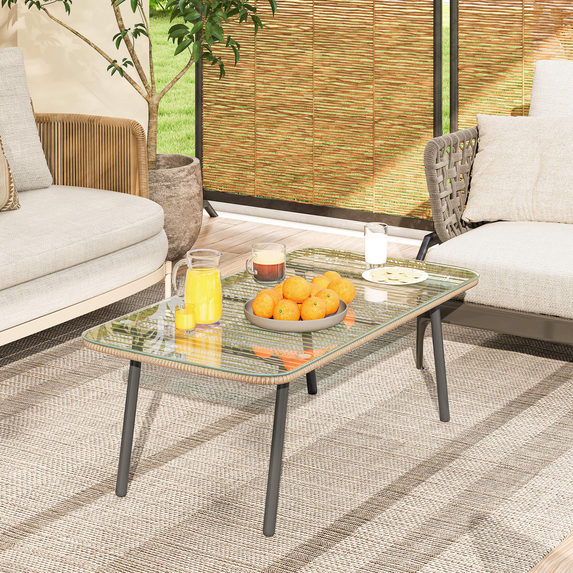 Outsunny Zahradní konferenční stolek z pleteného pryskyřice s 5mm tvrzeným sklem, stolky pro venkovní použití, zahradu, terasu, balkon, ocelový rám 110 x 60 x 40 cm, efekt přírodního dřeva