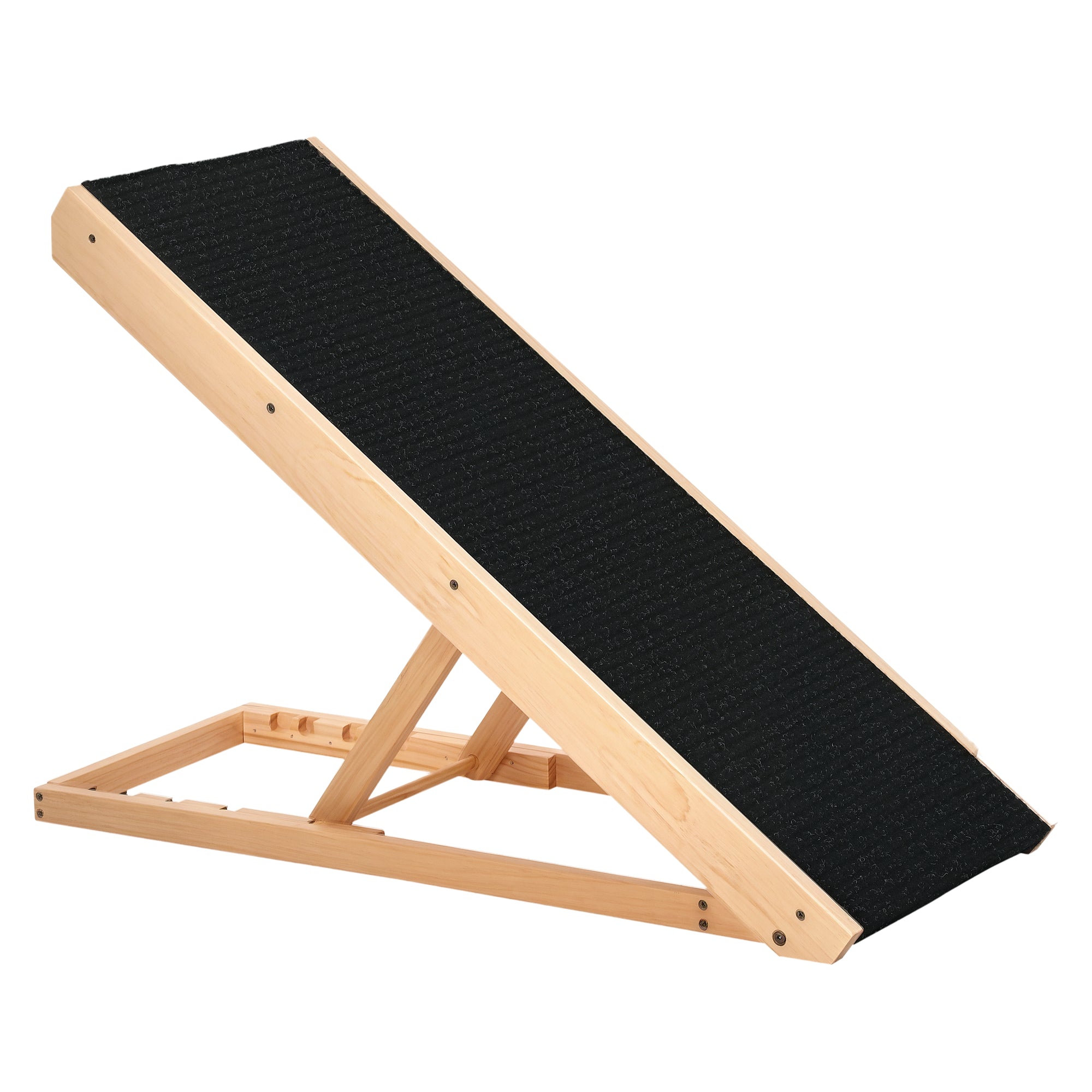 PawHut Kæledyrsramp med Skridsikker Tæppe Justerbar Kæledyrstrappe Hund Ramp til Store Hunde i Fyrretræ Polyester Sort+Naturligt Træ 90B x 40D x 61H cm