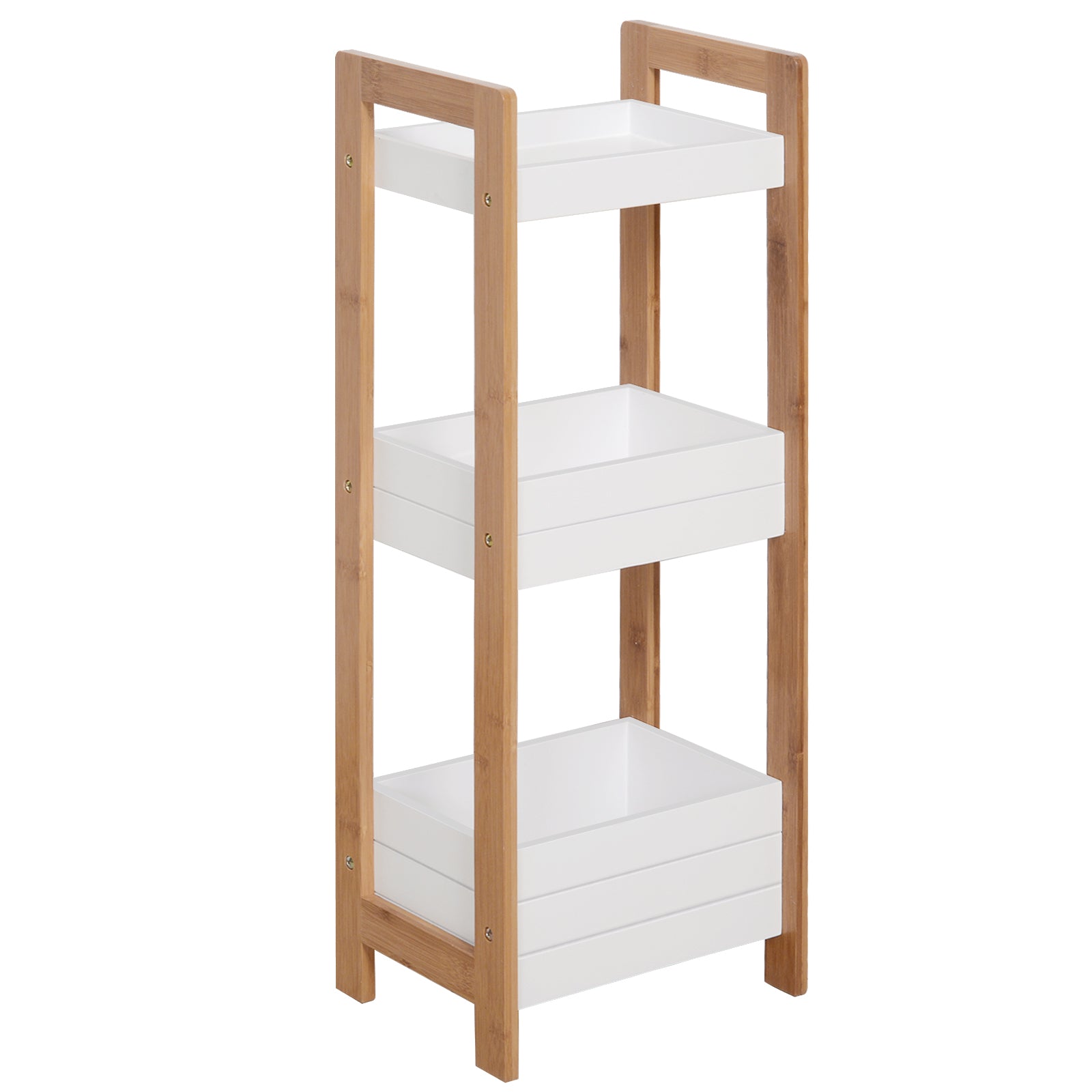 HOMCOM Buedemregal mat 3 Regaler – Bamboo Späicher Organizer fir Kichen, Wunneng, Wäschzëmmer 27,5x20,8x74 cm Wäiss an Natur
