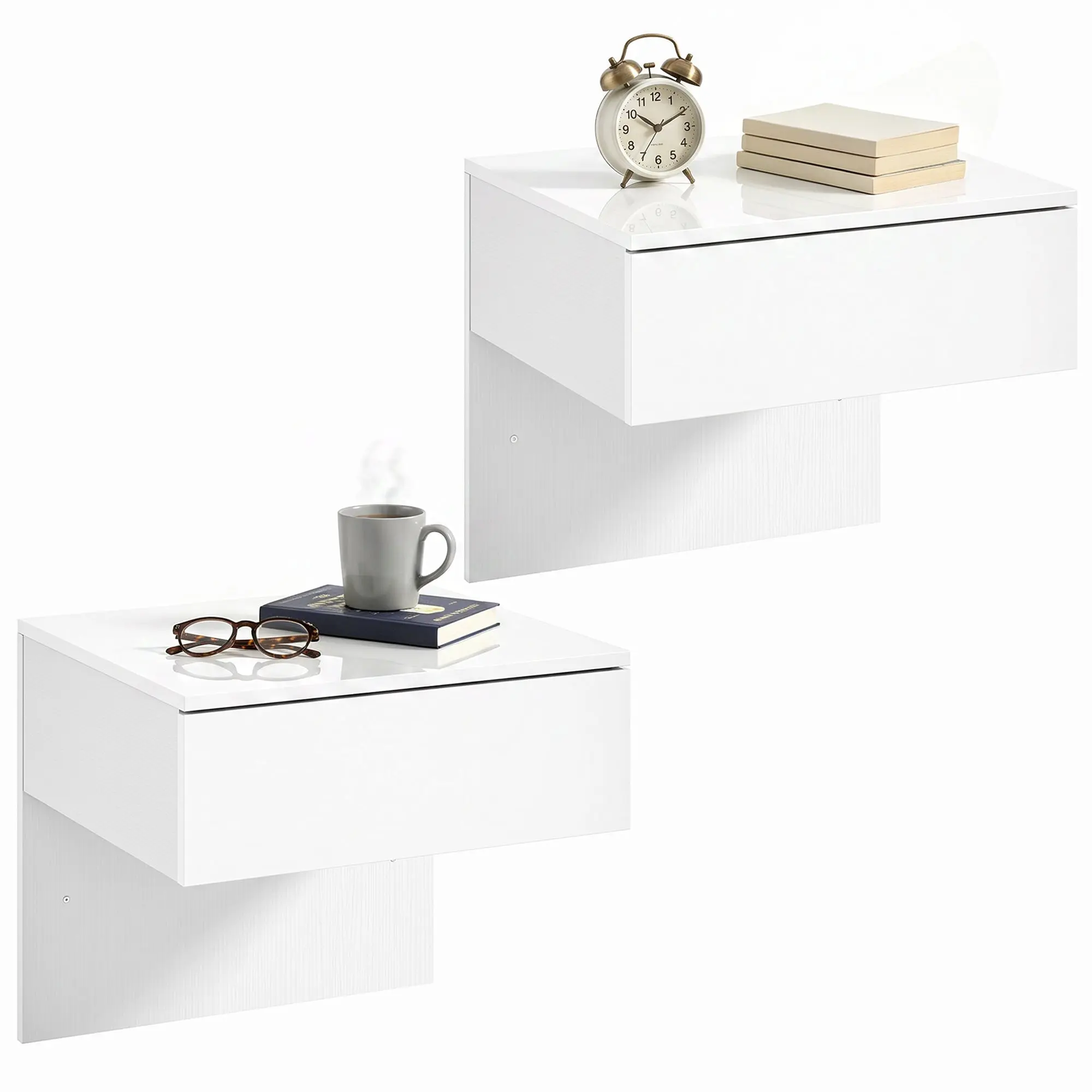 Set of 2 Wall-Mounted Floating Nightstands with Drawer, Modern High-Gloss White, 15.7x13.8x14.3 in