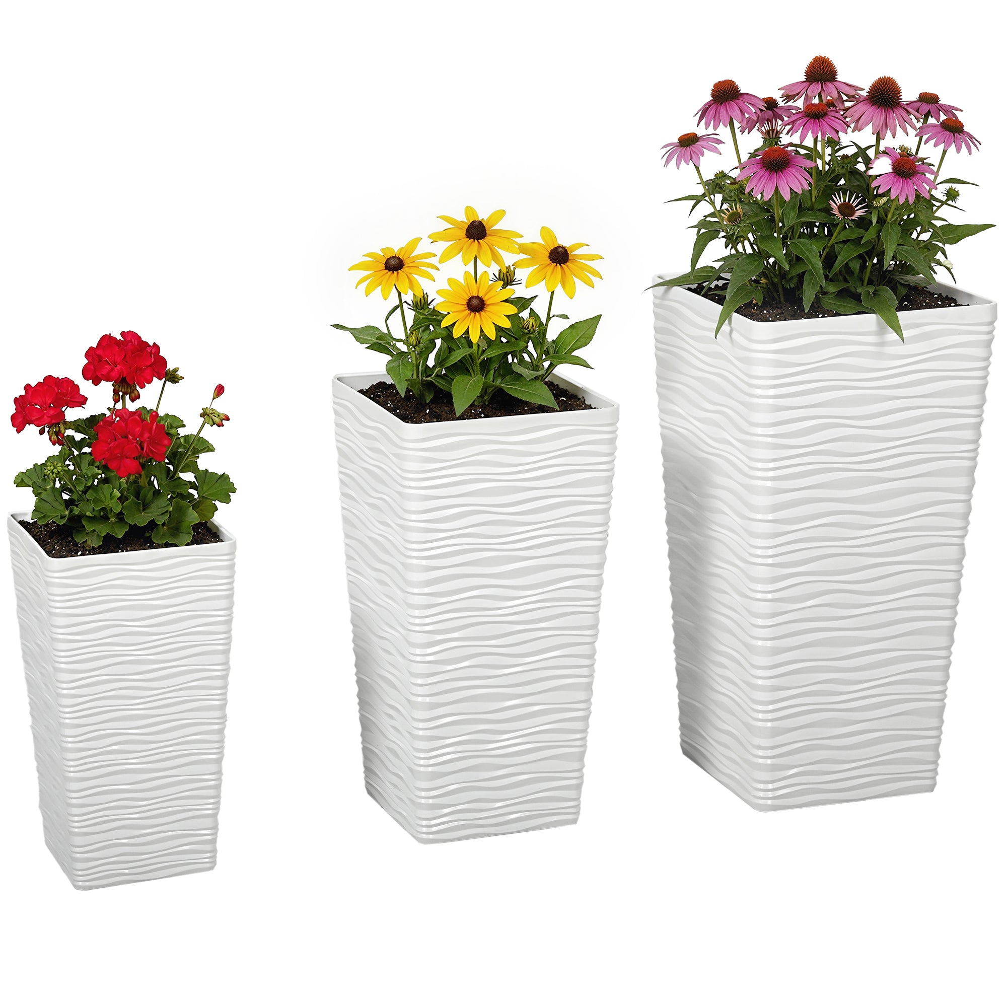 Outsunny Set aus 3 stapelbaren quadratischen Pflanzkübeln mit welligem Muster, Abflusslöchern, 42/55/65 cm — Weiß, Schwarz, Braun