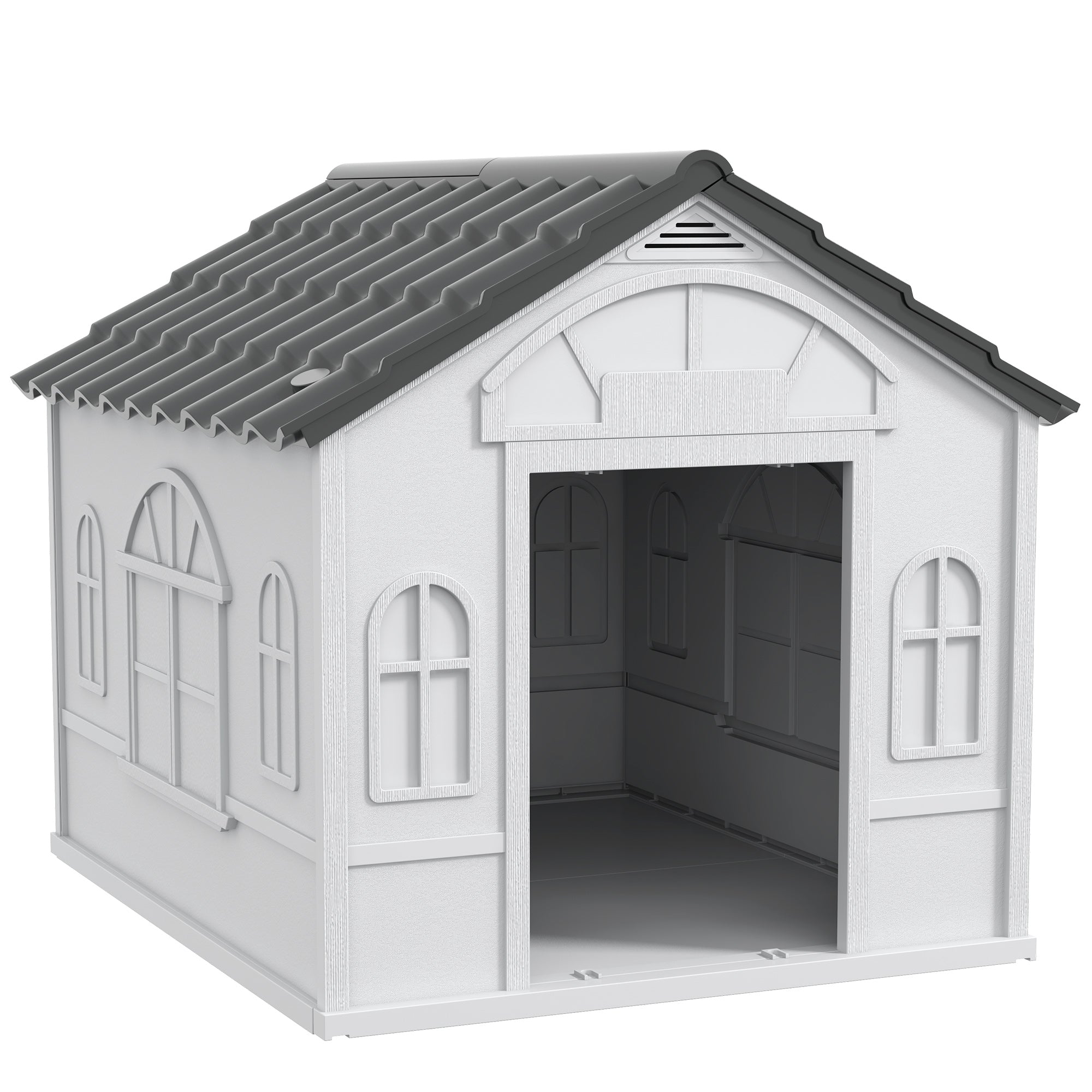 PawHut Hondenhok Outdoor 84,2x98,2x82 cm met Raamdecoratie en Imitatie Tegeldak voor Grote Honden Grijs en Wit