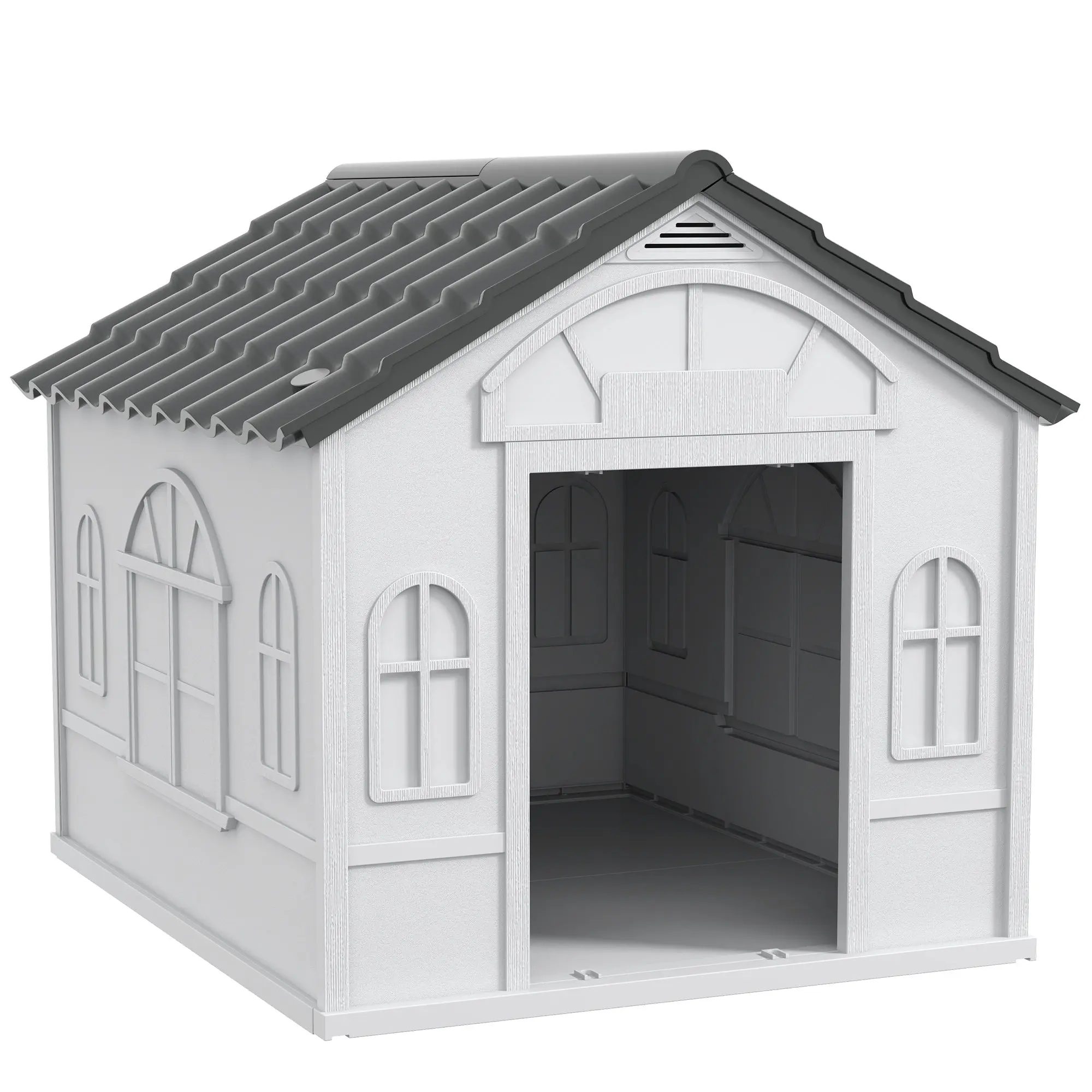 Dog House Outdoor 84.2x98.2x82 cm Dog House with Window Pattern and Imitation Tile Roof for Large Dogs Gray and White