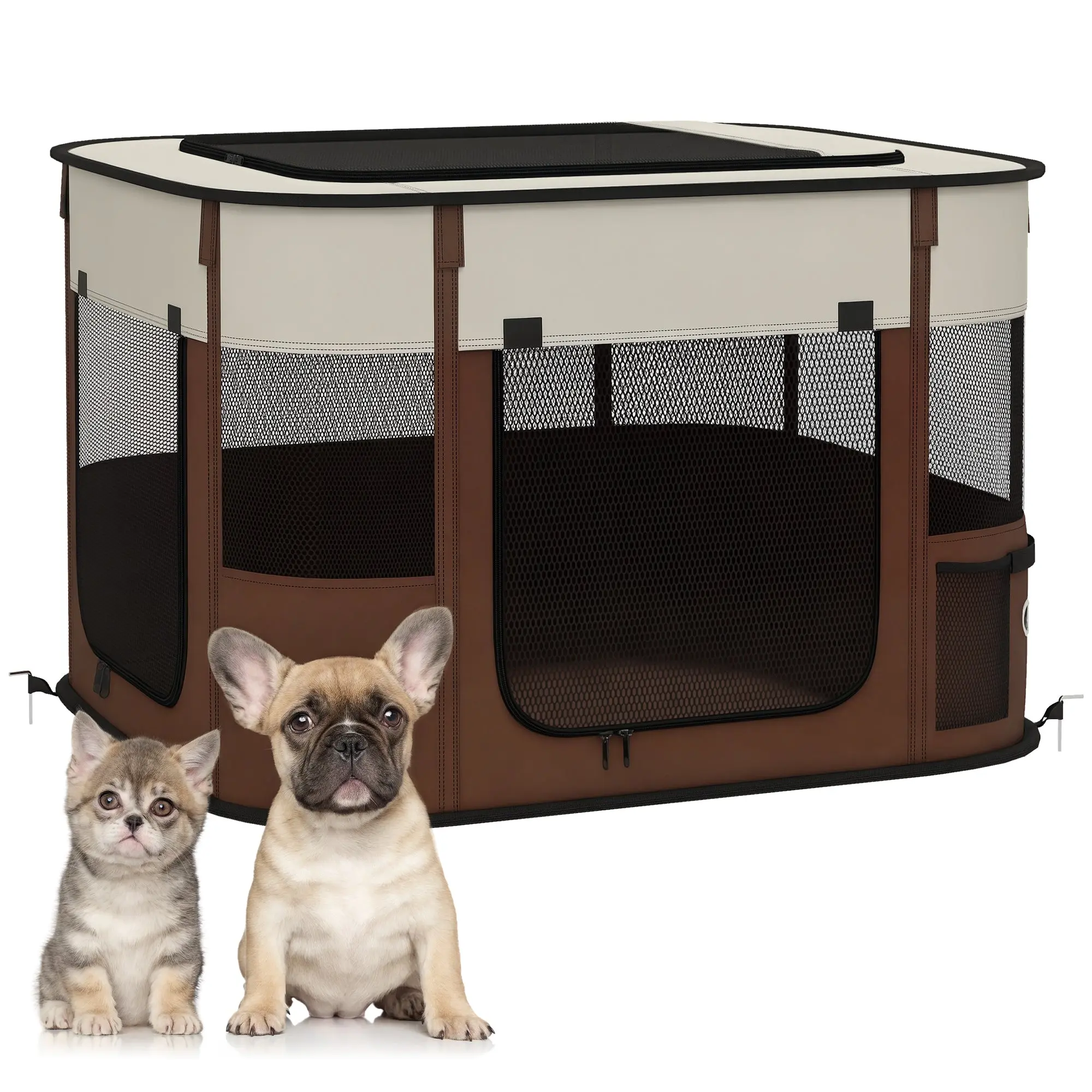 Pet Carrier & Playpen with 6 Mesh Windows, 3 Doors and 2 Storage Pockets — Oxford Fabric & Steel Frame, 74 x 60 x 45 cm (29 x 24 x 18 in), Brown