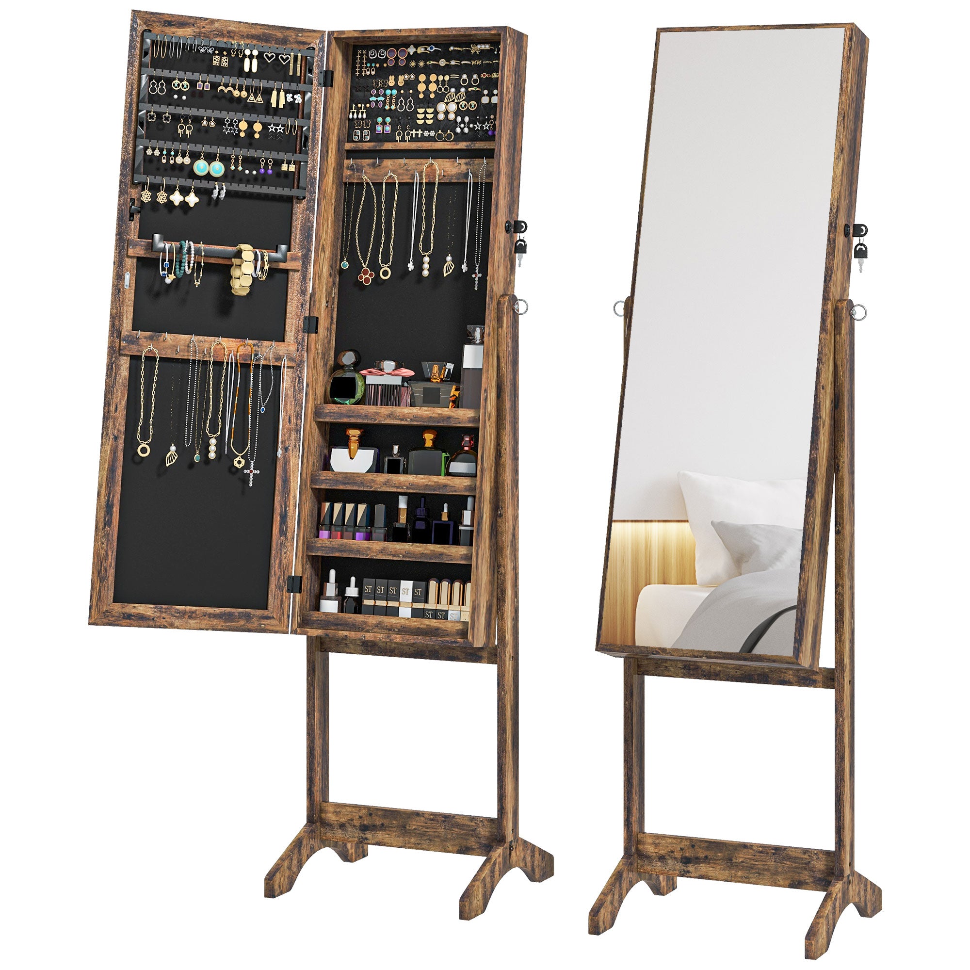 HOMCOM Volledige Lengte Spiegel Sieraden Armoire met 3 Verstelbare Hoeken Magnetische Sluiting Sieraden Organizer met Planken en Vakken voor Oorbellen Ringen Kettingen 46x36,5x151,5 cm Rustiek Bruin