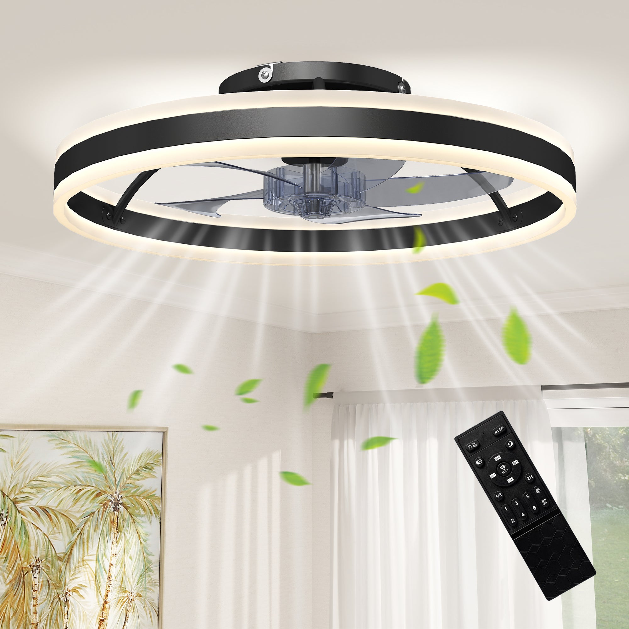 HOMCOM 45 W LED-Deckenventilator mit Licht, reversibler DC-Motor, leise, Fernbedienung, 6 Stufen, 3 Farbtemperaturen, Timer, Ø50 cm, Schwarz