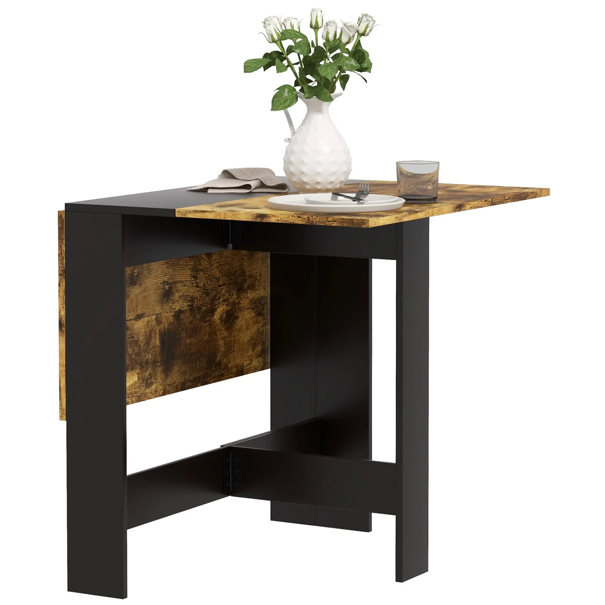 Folding Dining Table with Drop Leaves — Space-Saving Kitchen & Dining Table, 103 x 76 x 73.5 cm, Black & Rustic Brown