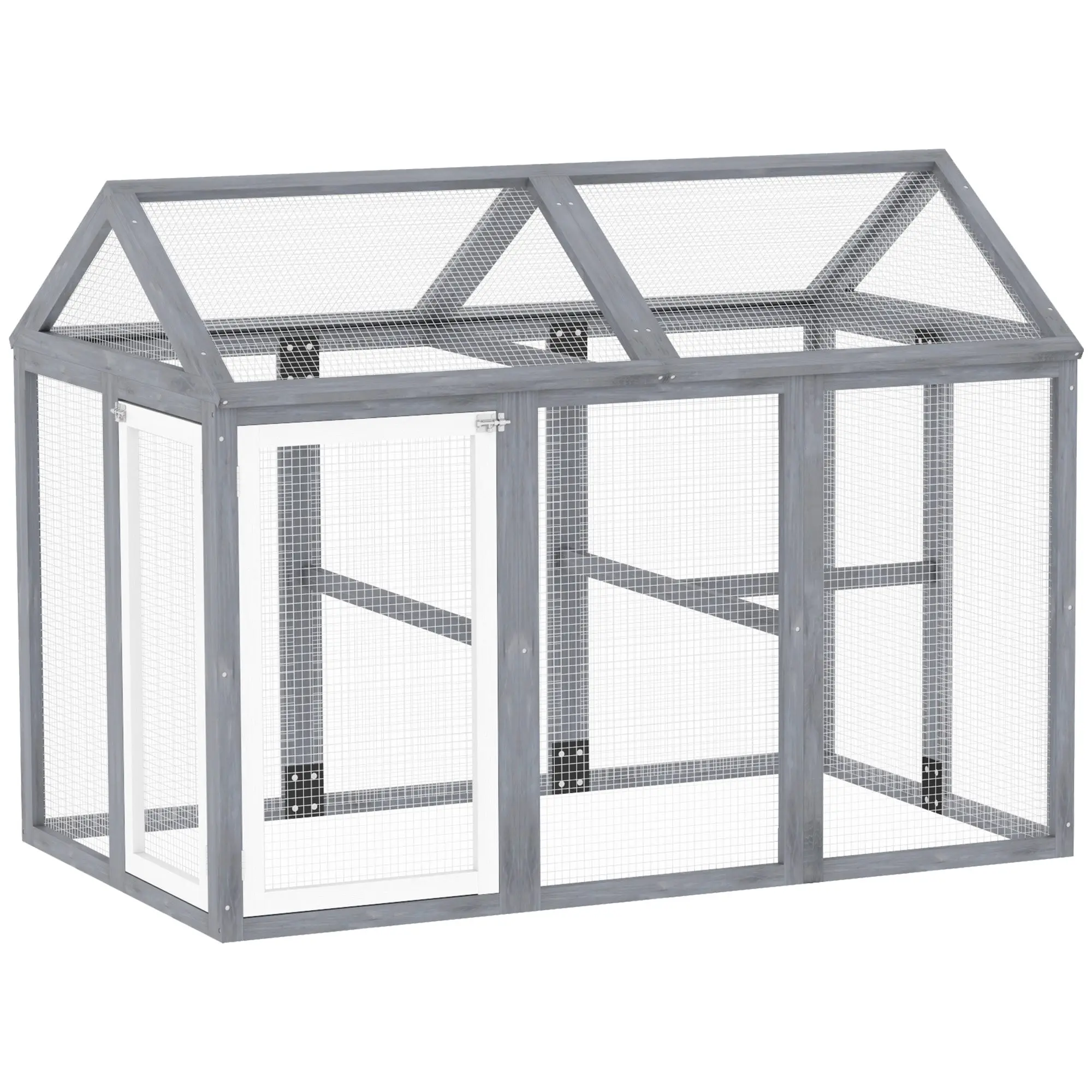 Outdoor Chicken Run, 12.7 sq ft (140 x 88.5 x 106 cm / 55.1 x 34.8 x 41.7 in), Lockable Doors, Solid Pine Frame, Wire Mesh Aviary for 1–3 Chickens, Gray