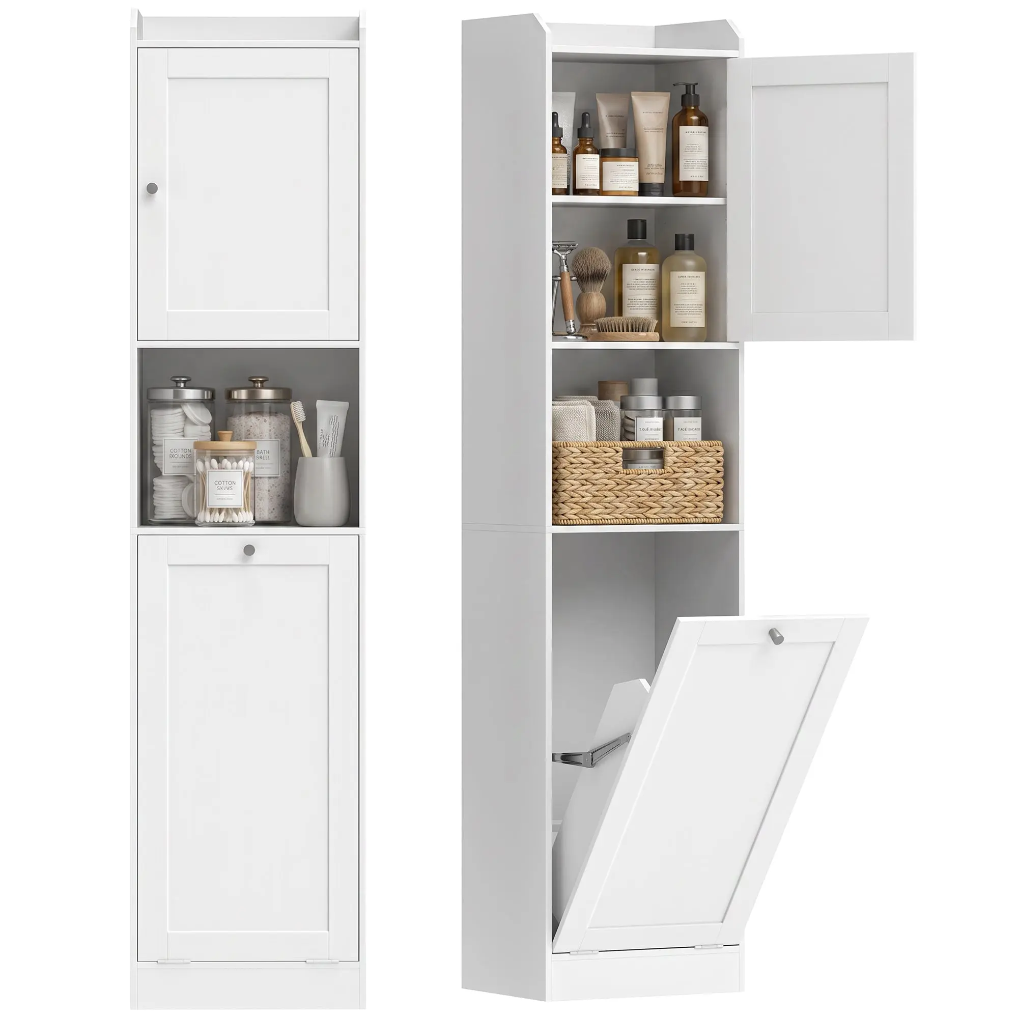 Tall Narrow Bathroom Cabinet with Hidden Laundry Hamper, Open & Adjustable Shelves, White (15.7 x 11.8 x 66.9 in)