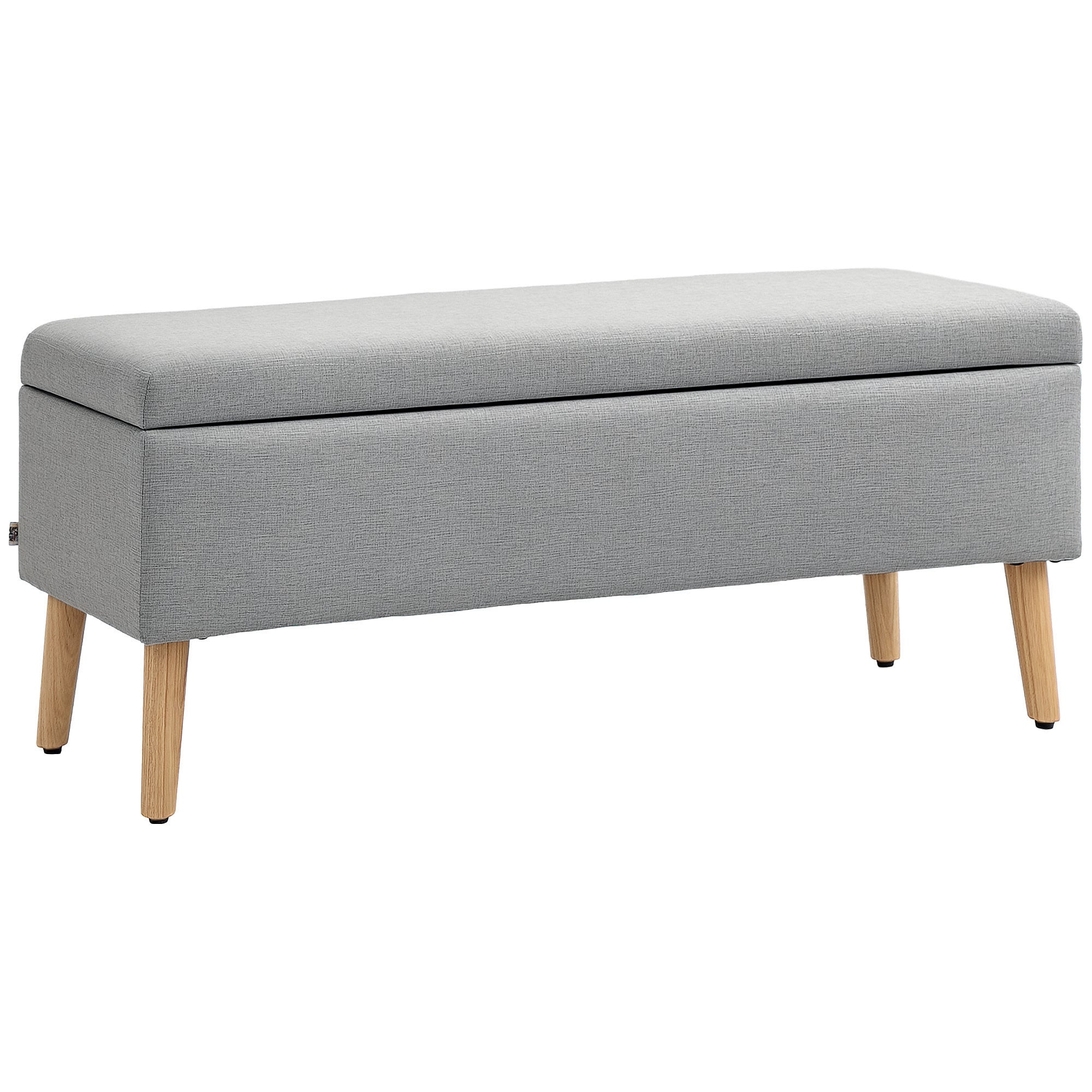 HOMCOM Tároló Pad Laza Hatású Kárpitozással, Ágy Pad Fa Lábbal, Tároló Doboz Nappalihoz, Hálószobához, Előszobához 110 x 39 x 45 cm, Szürke