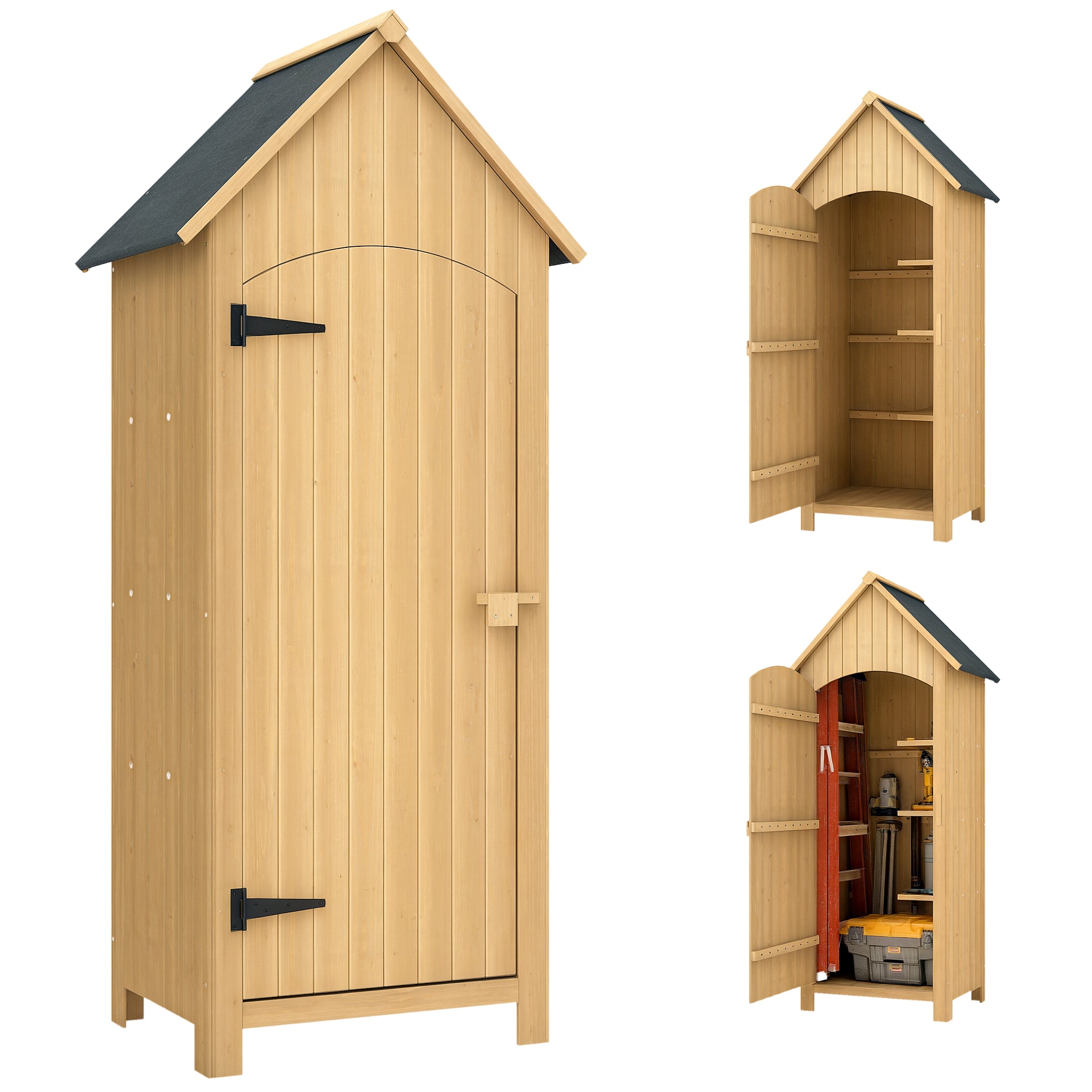 Outsunny Gebrauchsgarten-Schränkchen Holz 77,5x54,2x179,5 cm 0,3 m² Exteriore Garten-Schränkchen Tool Storage Cabinet mat 3 Regaler a 2 Verriegelbare Géiter fir Patio Terrasse Natur