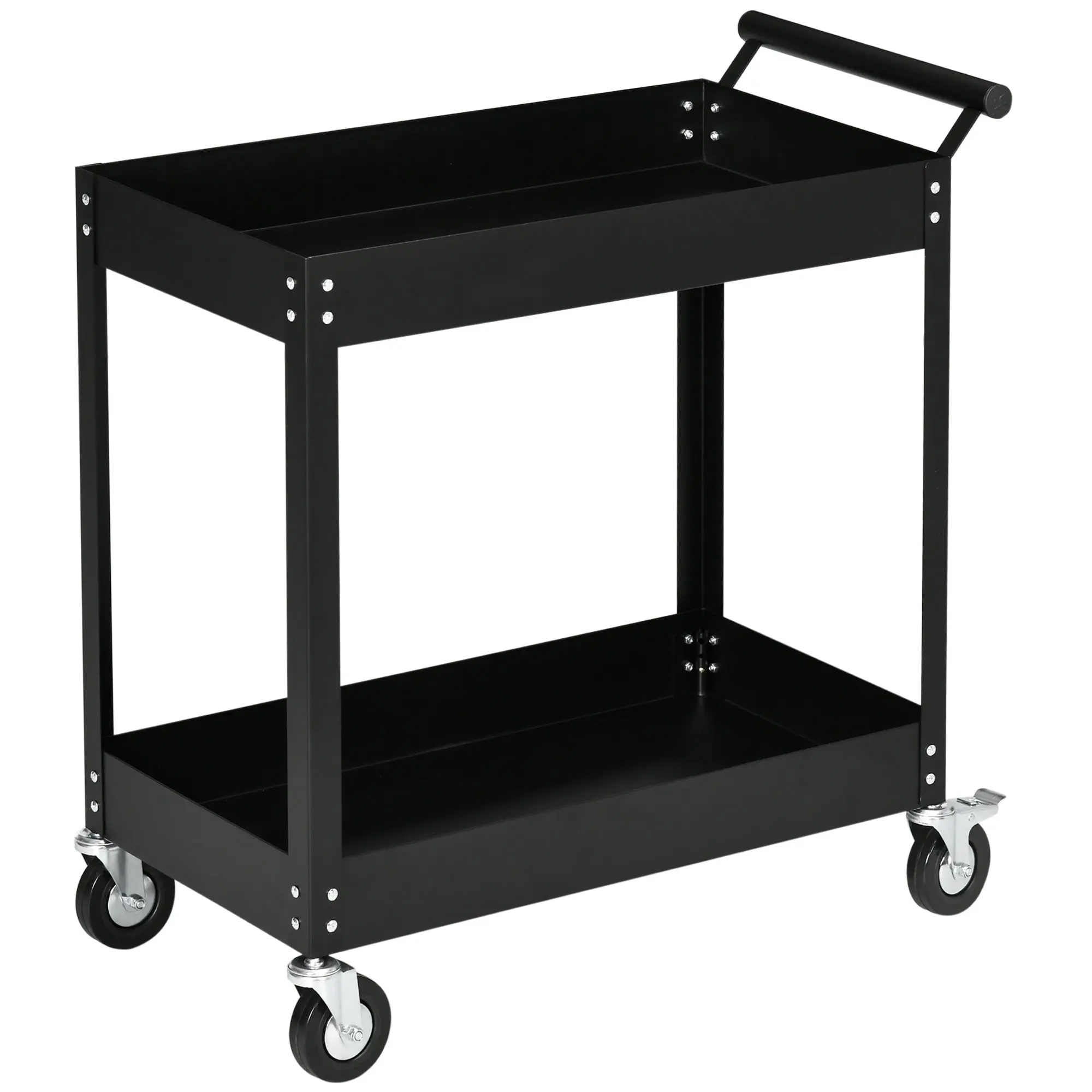 Workshop Trolley with 2 Tiers, Empty Tool Trolley, Transport Trolley, Side Handle, 4 Wheels, Steel, up to 150 kg Capacity, 84.5 x 38 x 84 cm, Black