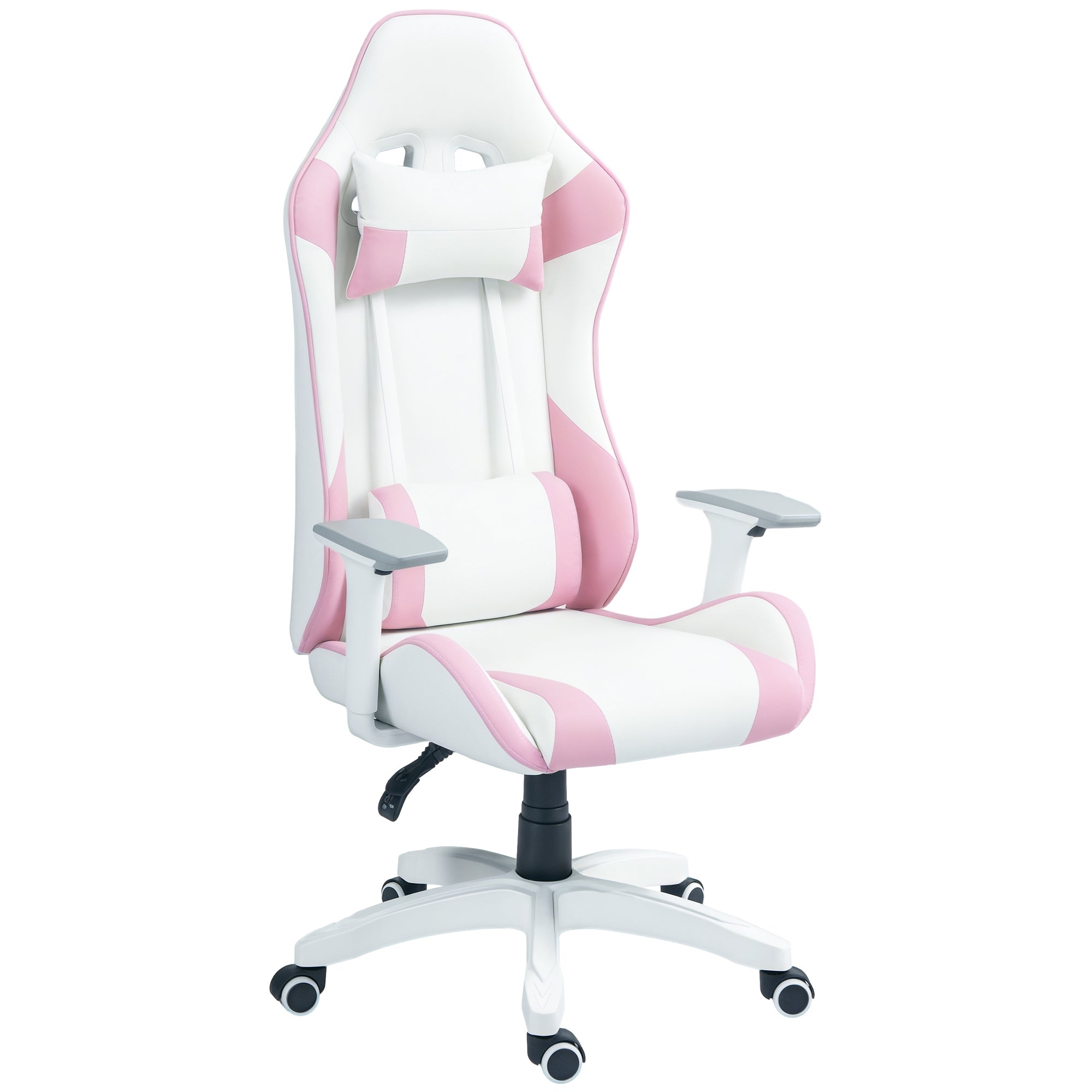 HOMCOM Gaming-Stuhl mit Neigungsfunktion und Drehmechanismus - Professioneller Gaming-Stuhl mit Lendenkissen, 3D-Armlehnen, abnehmbarem Kopfstütze und höhenverstellbar in Weiß und Rosa