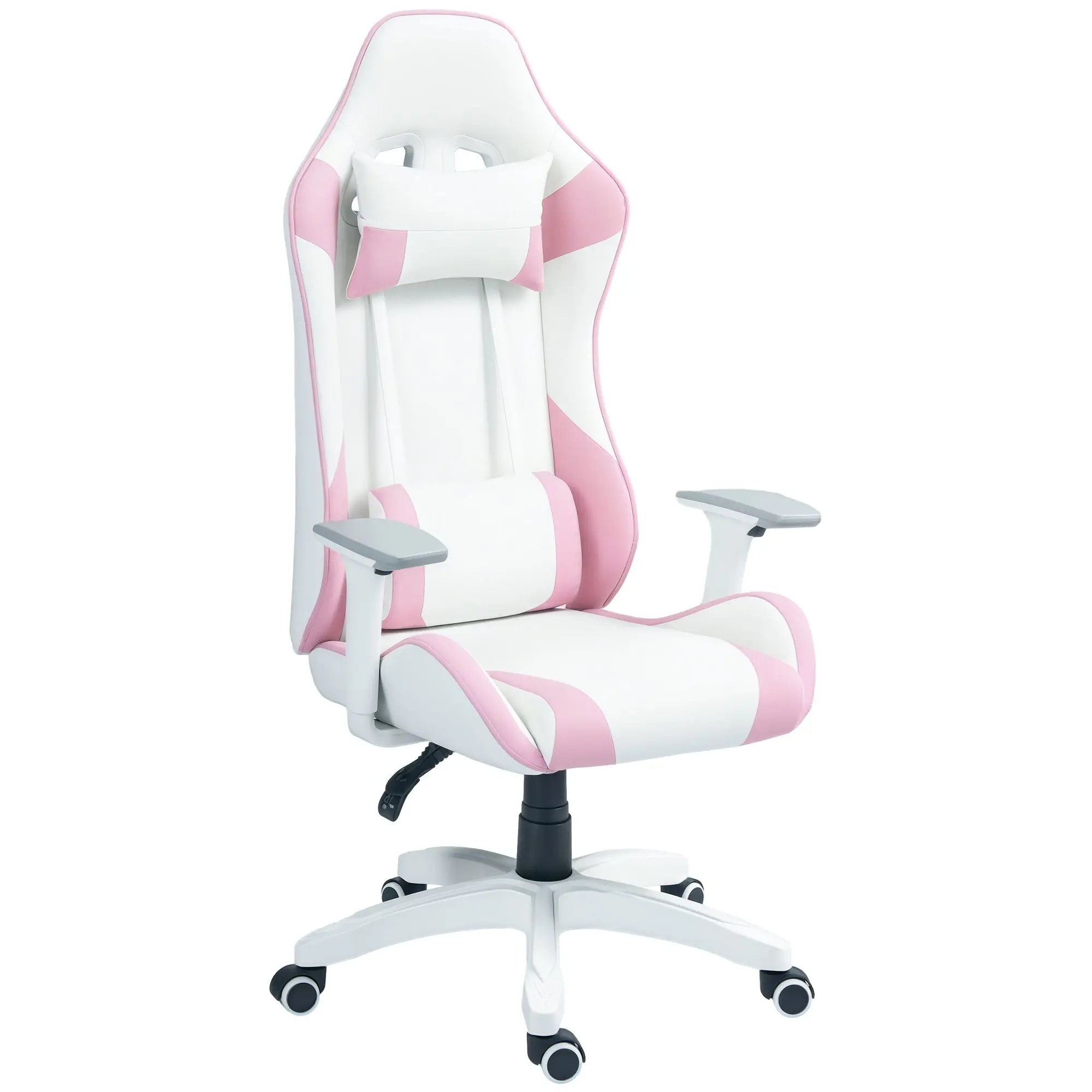Reclining Gaming Chair Swivel Gamer Chair Professional Gaming Armchair with Lumbar Cushion 3D Armrests Removable Headrest and Adjustable Height White and Pink