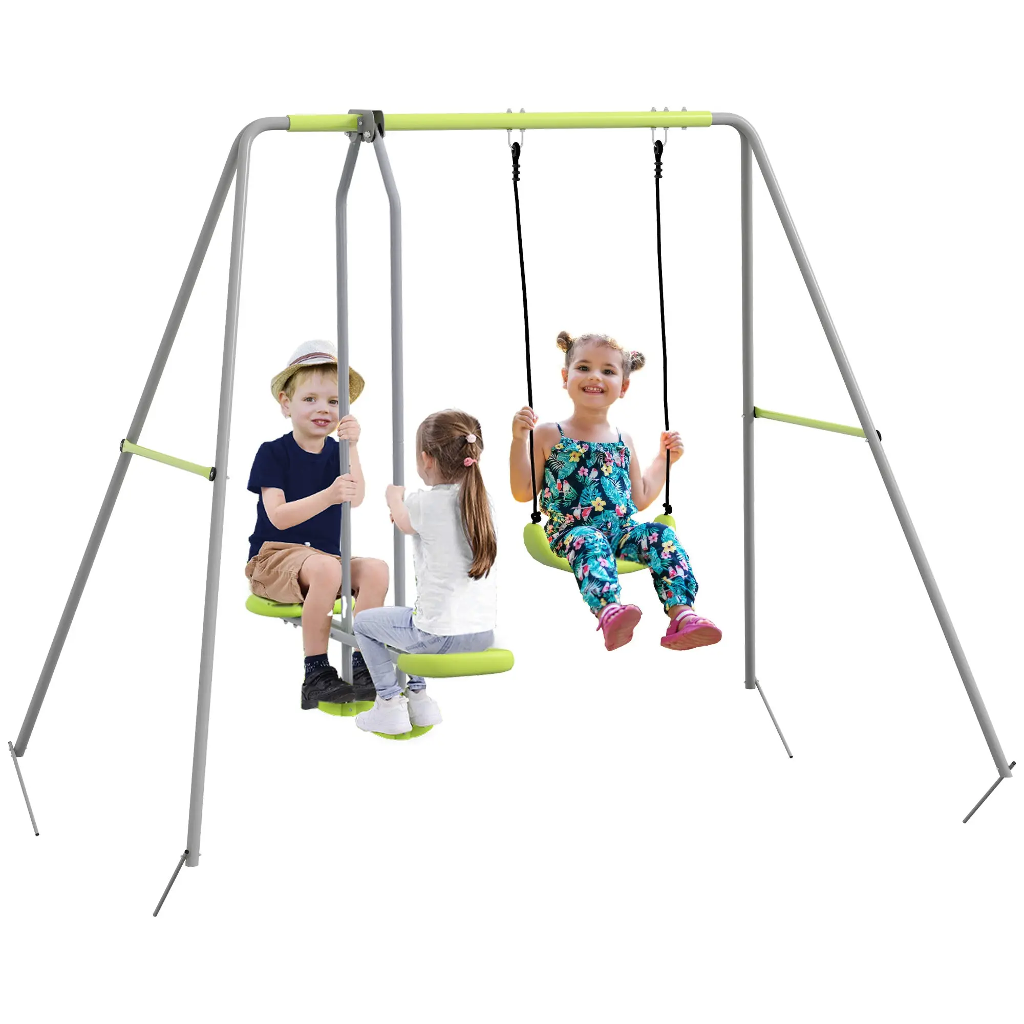 Children's Swing Garden Swing with 1 Simple Swing 1 Glider and Anti-UV Children's Swing Load 135 kg 255x160x180 cm Gray and Green