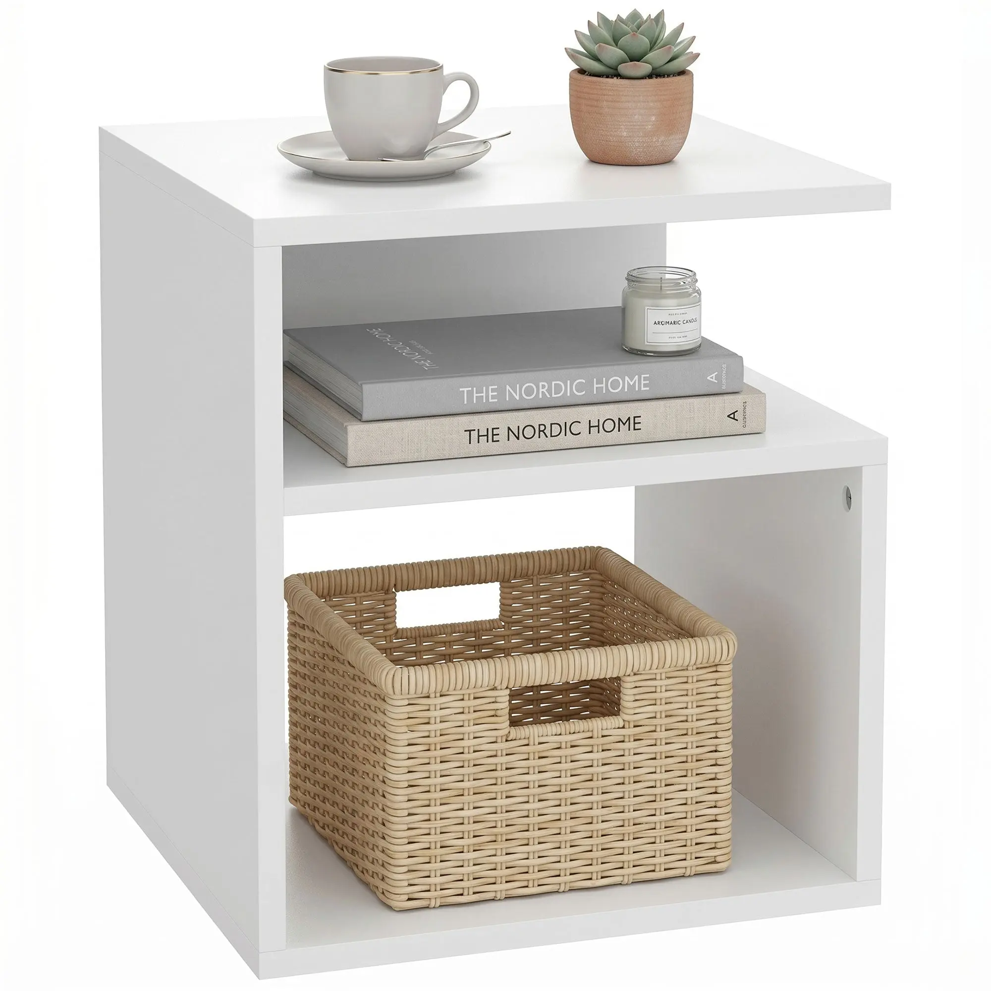 Modern Side Table with 3 Open Shelves, Easy to Assemble for Living Room, Bedroom, Office, 13.8 x 13.8 x 16.3 in, White