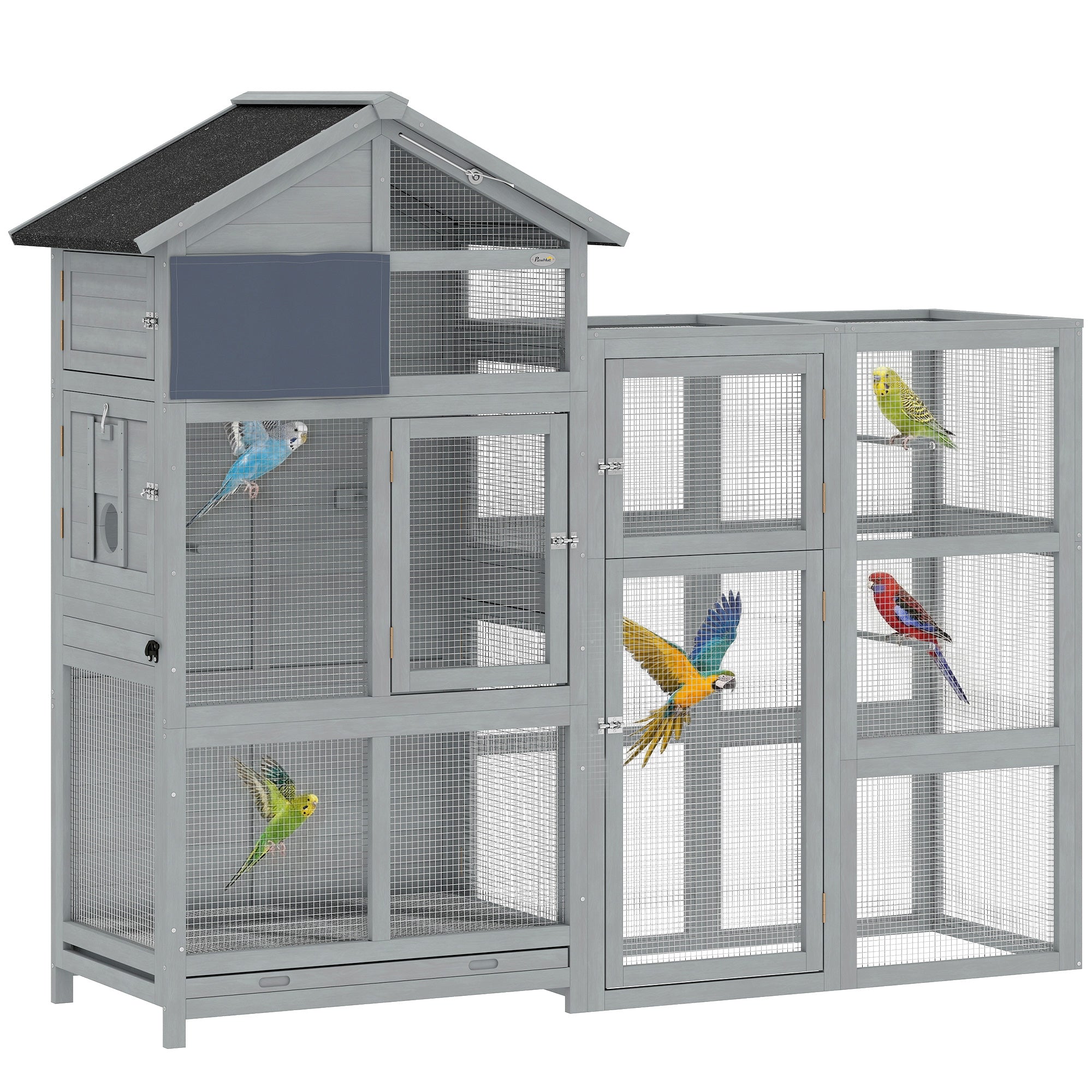 PawHut Vogelvoliere aus Holz mit Auslauf – 6 Sitzstangen, 7 Türen, Staufach, herausziehbare Schublade, Edelstahlnäpfe für Zebrafinken & Wellensittiche, Grau – 196 x 60 x 164,5 cm