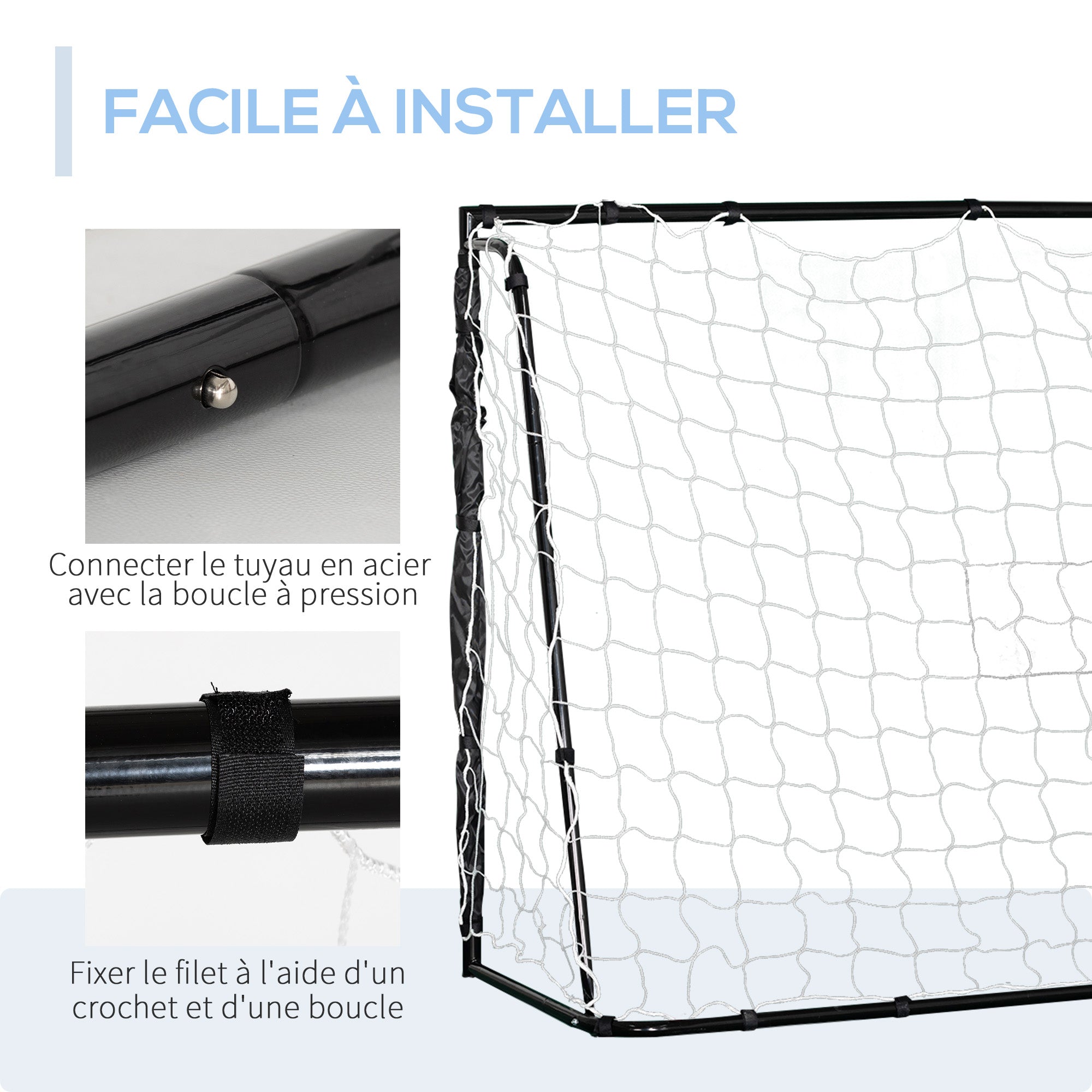 HOMCOM Fotbollsmål - Träningsmål - Mått 186L x 62B x 123H cm - metallram PE-nät - spik & verktyg ingår - svart vit