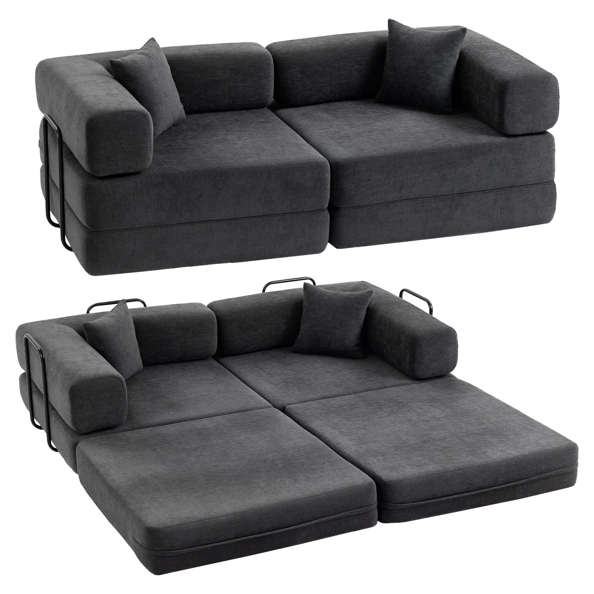 2-Seater Folding Sofa Bed, Chenille Upholstery, 2 Cushions, Wide Armrests, Thick Padding, No Assembly, for Bedroom or Living Room, Dark Gray