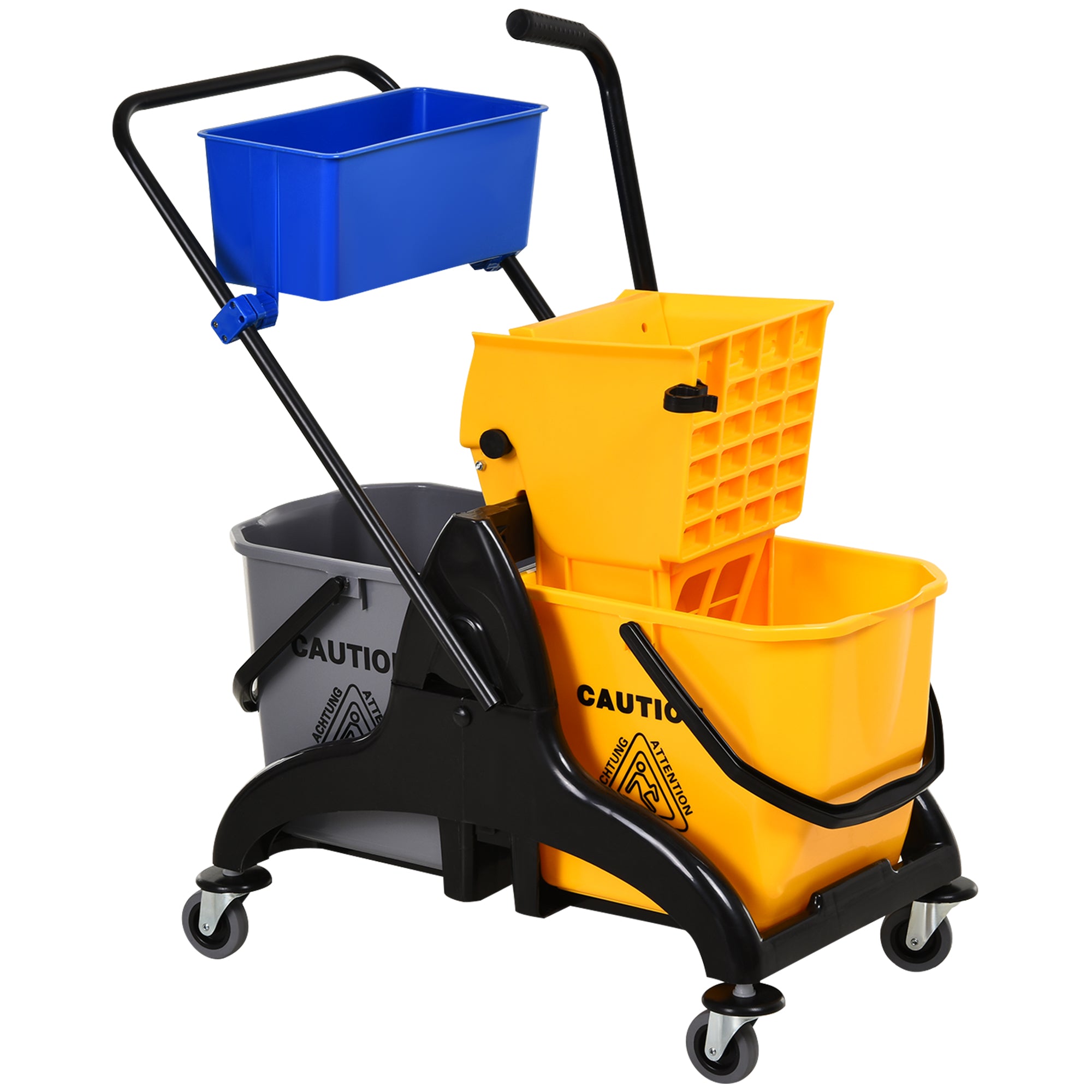 HOMCOM Professionele Schoonmaakwagen met Zijperswipper 26 L Emmer + Opbergmand 78 x 45 x 95 cm Geel