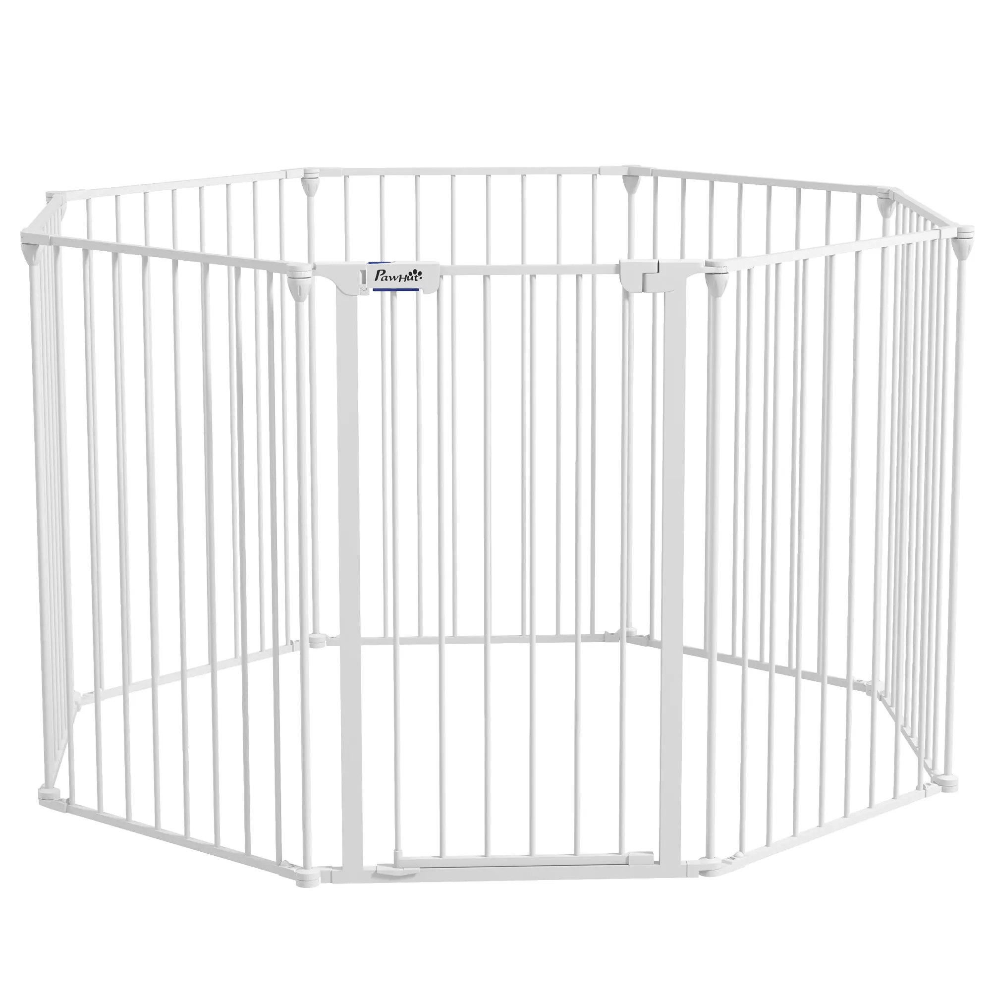 Foldable Puppy Playpen Pet Gate for Dogs, 90 cm High, Free-standing Enclosure with 8 Panels, Dog Safety Gate with Door, Flexible Fireplace Safety Gate for Dogs, Steel, White